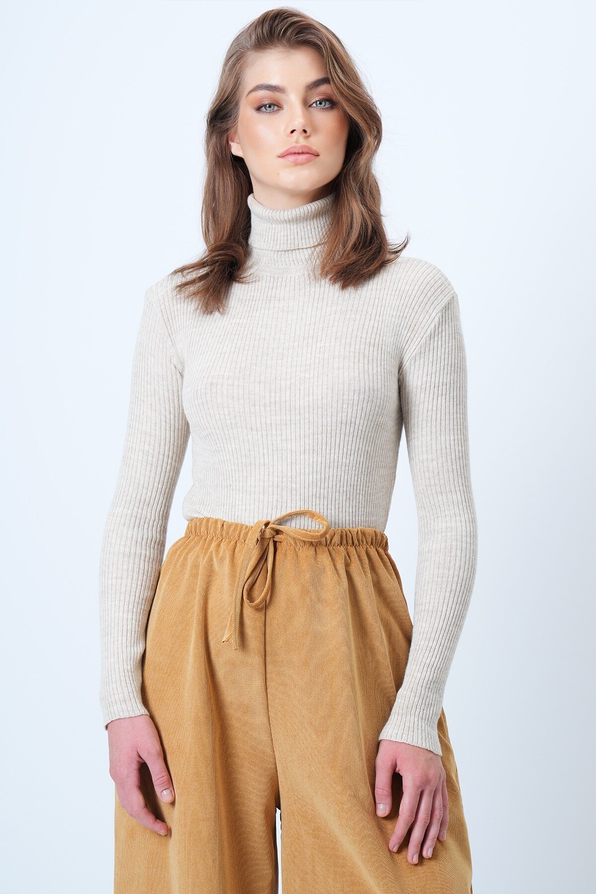 Balıkçı Yaka Fitilli Uzun Kollu Triko Kazak