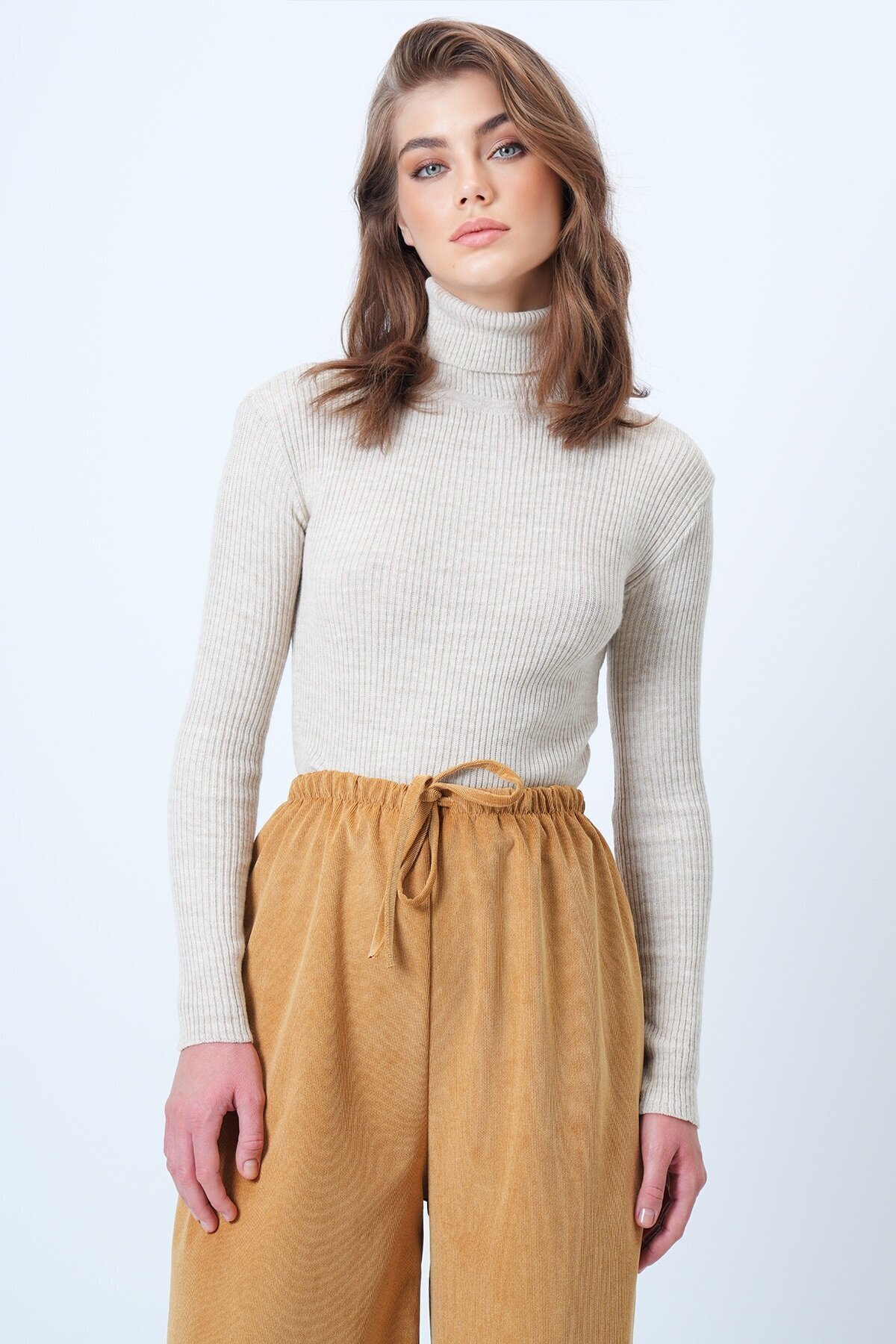 Balıkçı Yaka Fitilli Uzun Kollu Triko Kazak