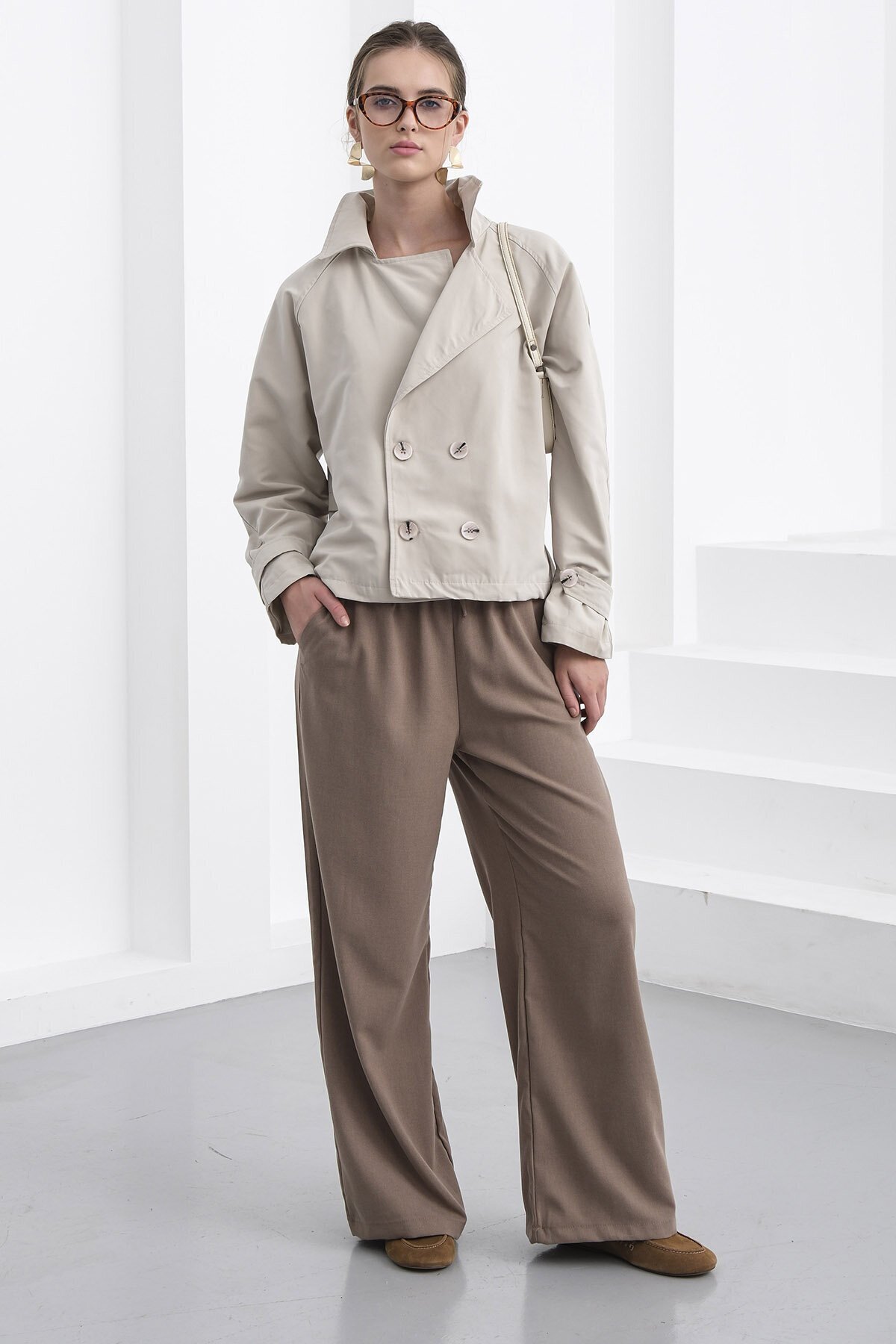 Beli Lastikli Çift Cepli Geniş Paça Pantolon