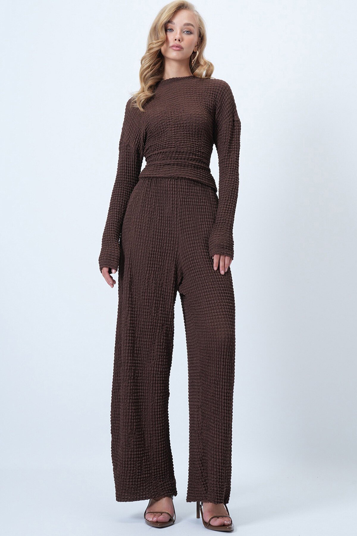 Bisiklet Yaka Beli Büzgülü Bürümcük Bluz Ve Pantolon Takım