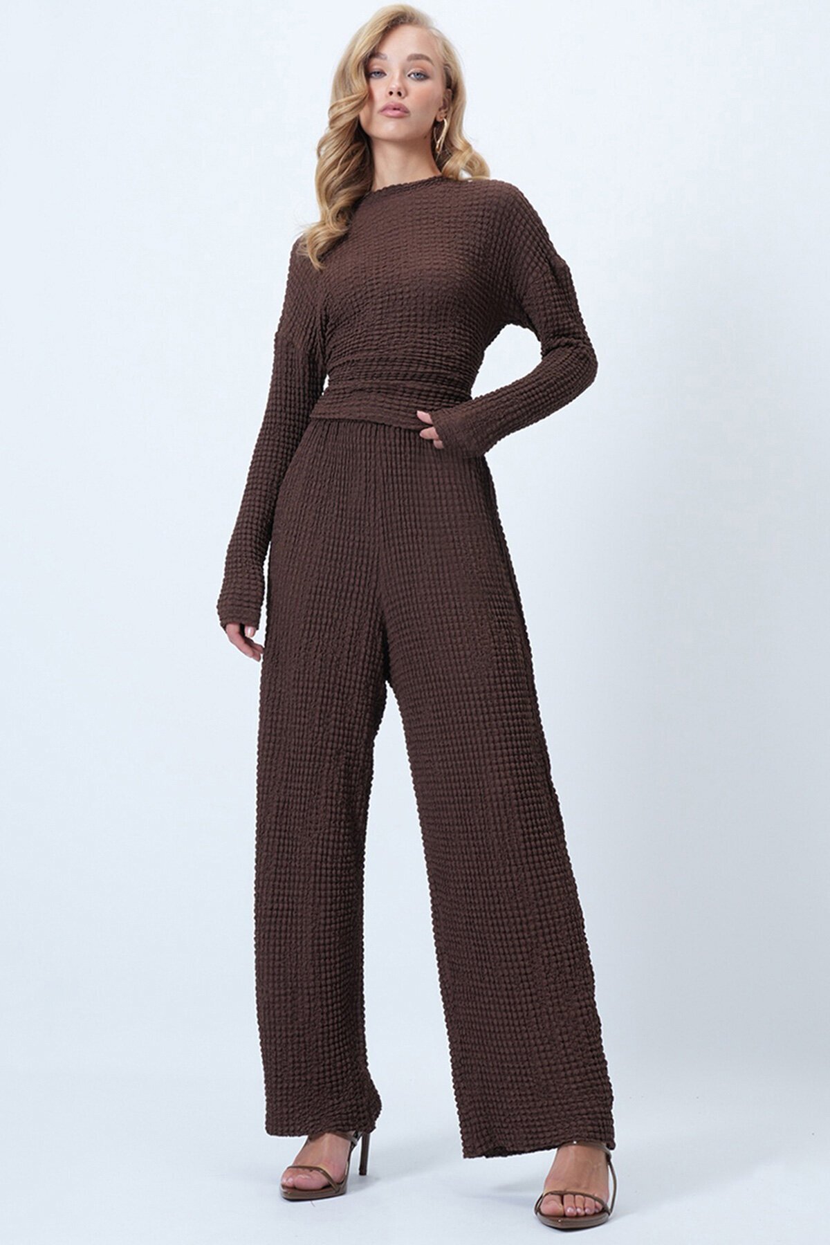 Bisiklet Yaka Beli Büzgülü Bürümcük Bluz Ve Pantolon Takım