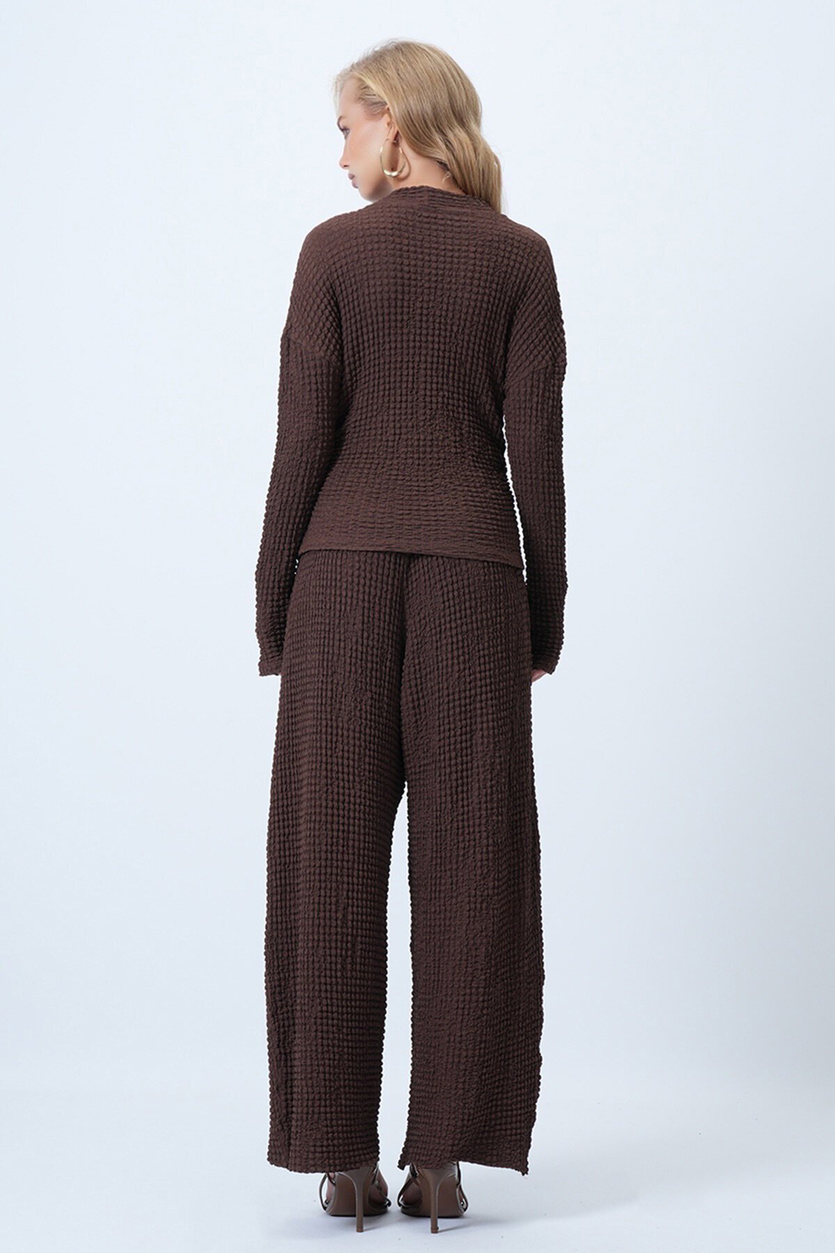 Bisiklet Yaka Beli Büzgülü Bürümcük Bluz Ve Pantolon Takım