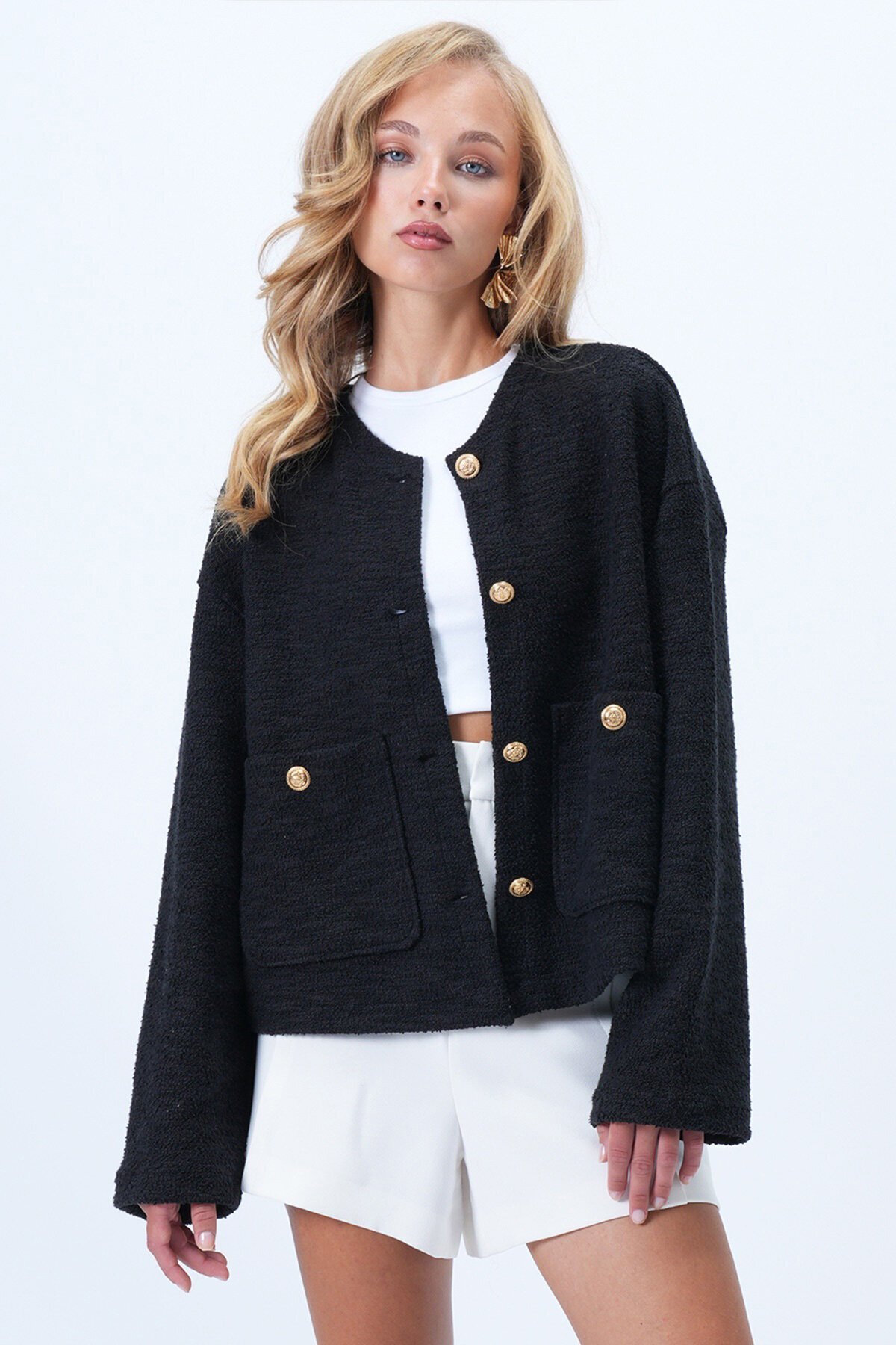 Bisiklet Yaka Çift Cepli Dokulu Ceket