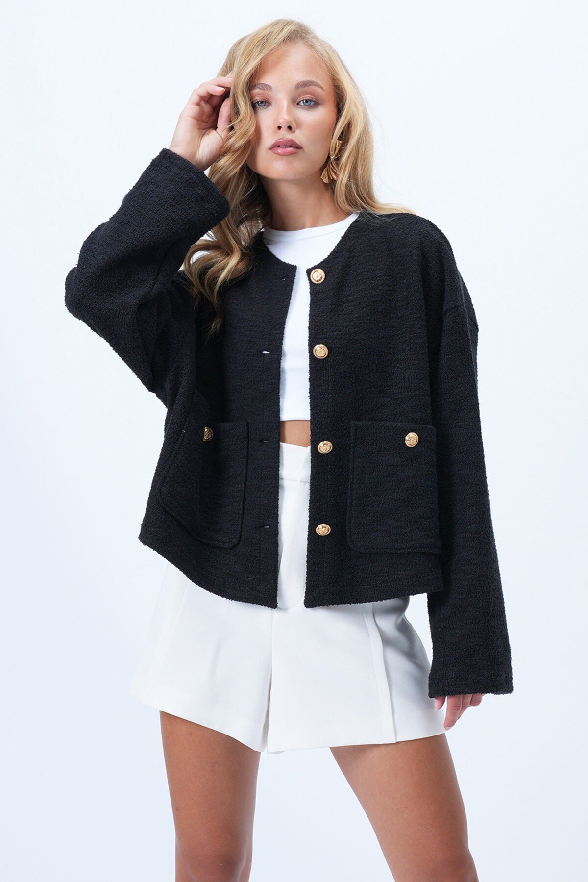 Bisiklet Yaka Çift Cepli Dokulu Ceket