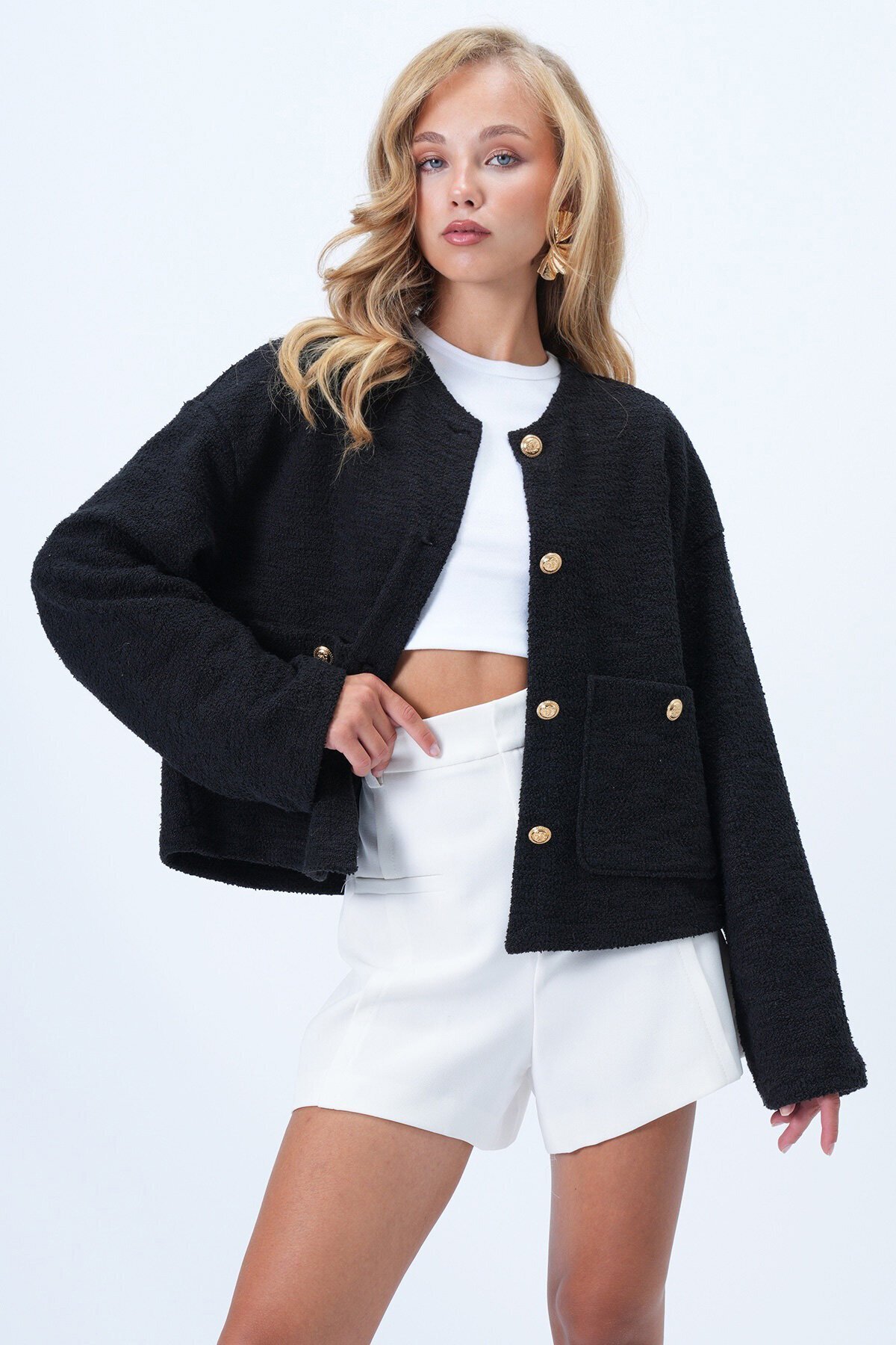 Bisiklet Yaka Çift Cepli Dokulu Ceket