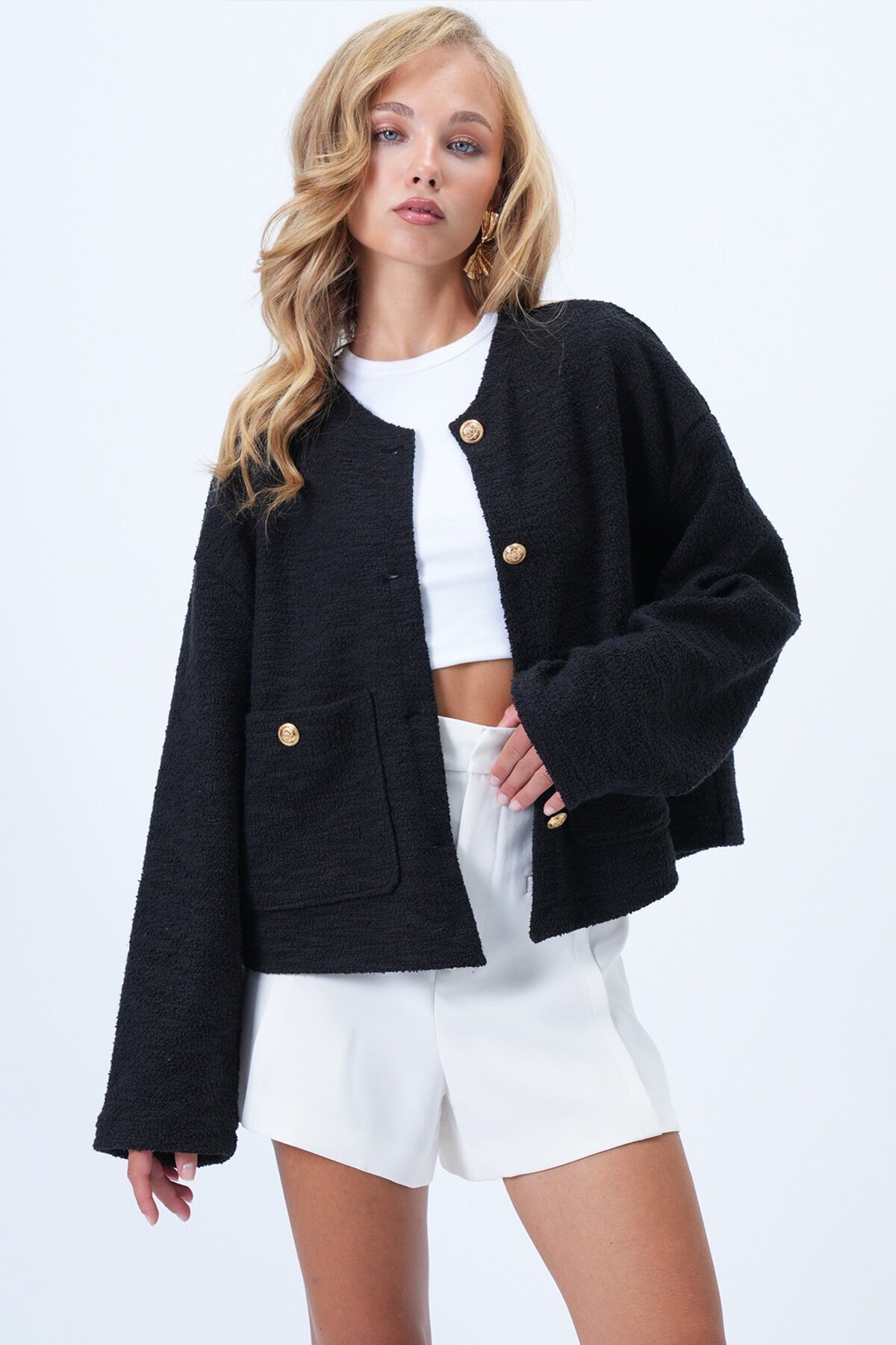 Bisiklet Yaka Çift Cepli Dokulu Ceket