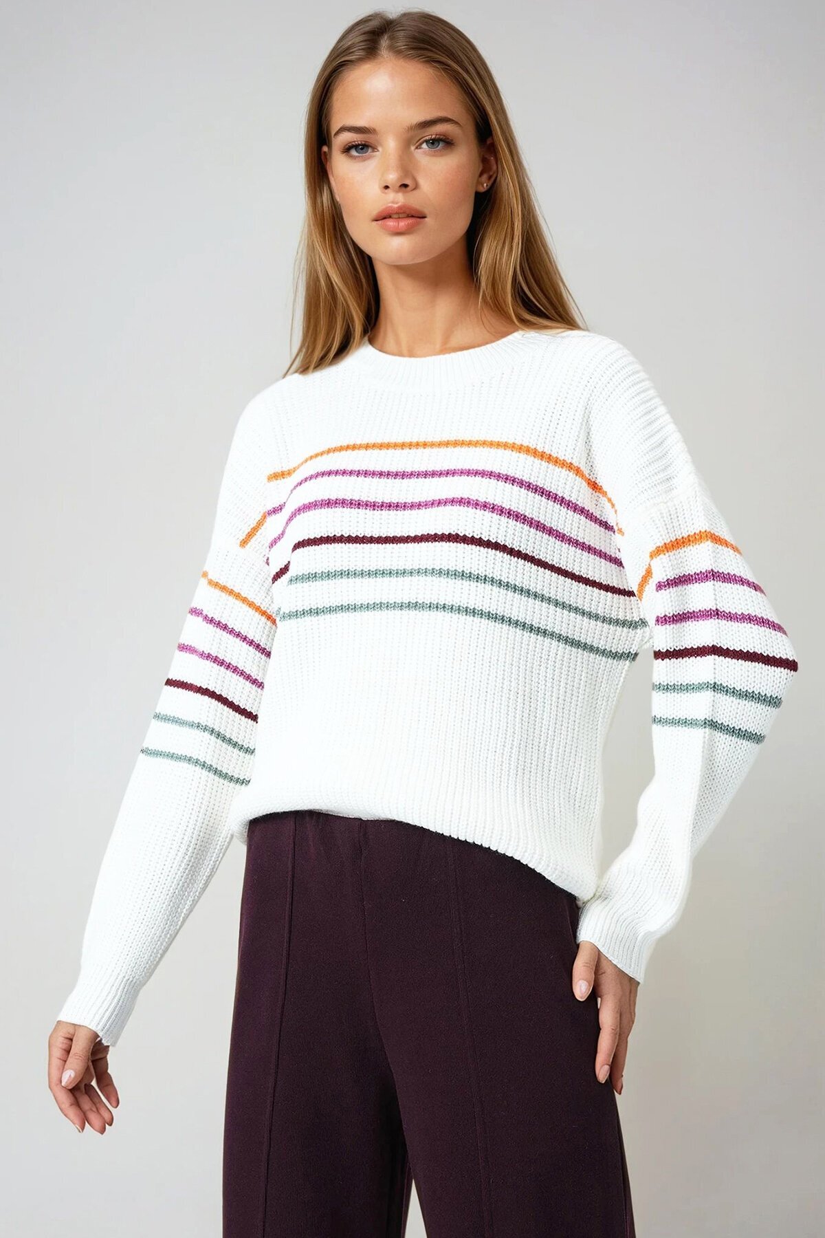 Bisiklet Yaka Çizgili Triko Kazak