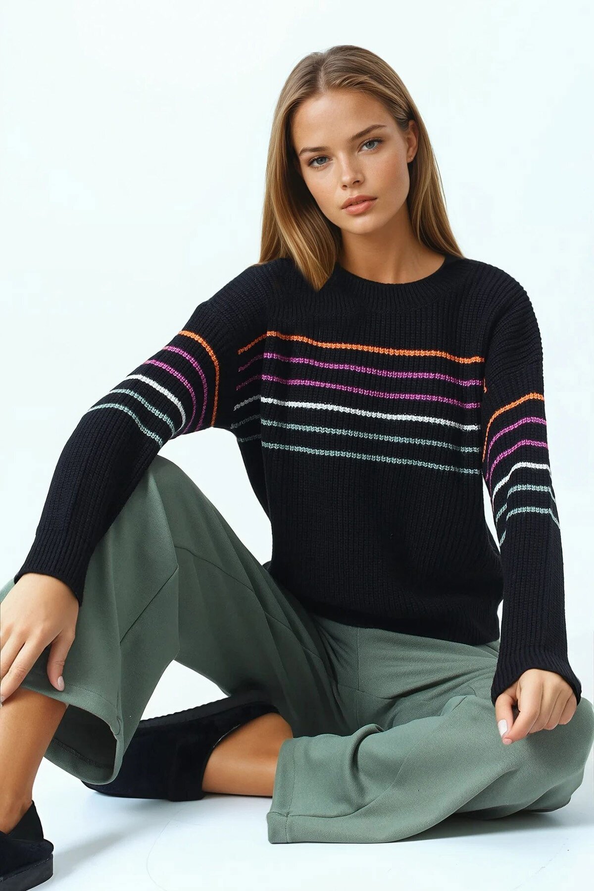 Bisiklet Yaka Çizgili Triko Kazak