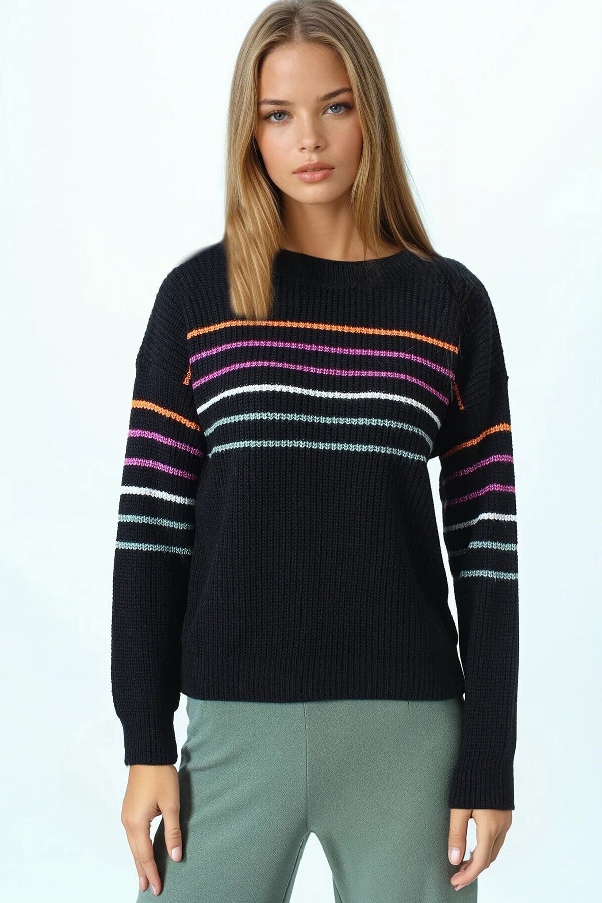 Bisiklet Yaka Çizgili Triko Kazak