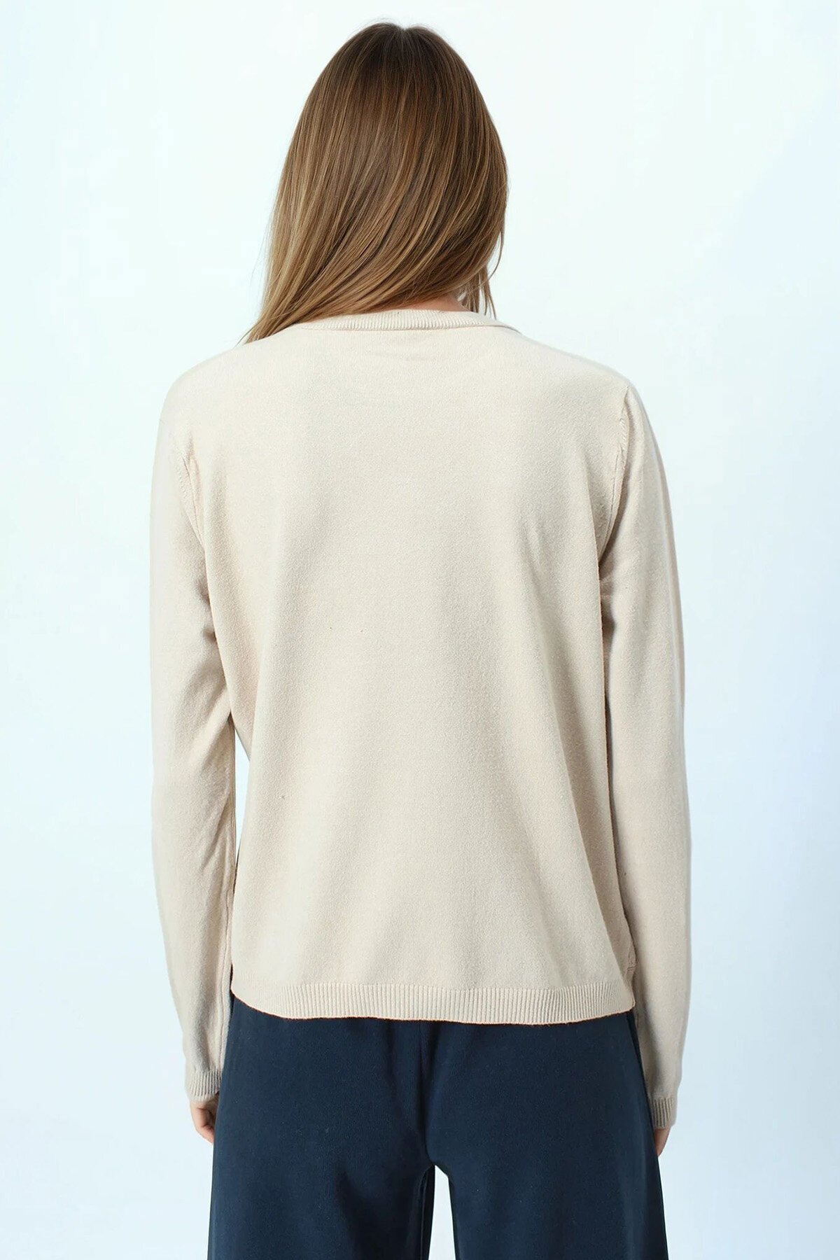 Bisiklet Yaka Dokulu Örgü Desenli Uzun Kollu Triko Bluz