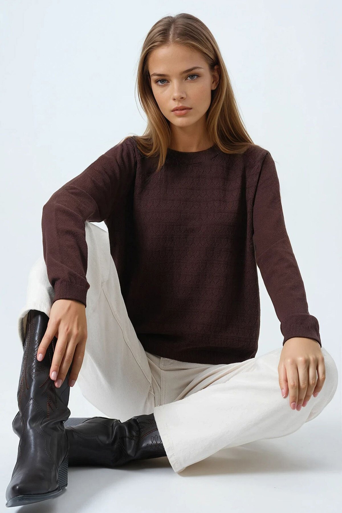 Bisiklet Yaka Dokulu Örgü Desenli Uzun Kollu Triko Bluz