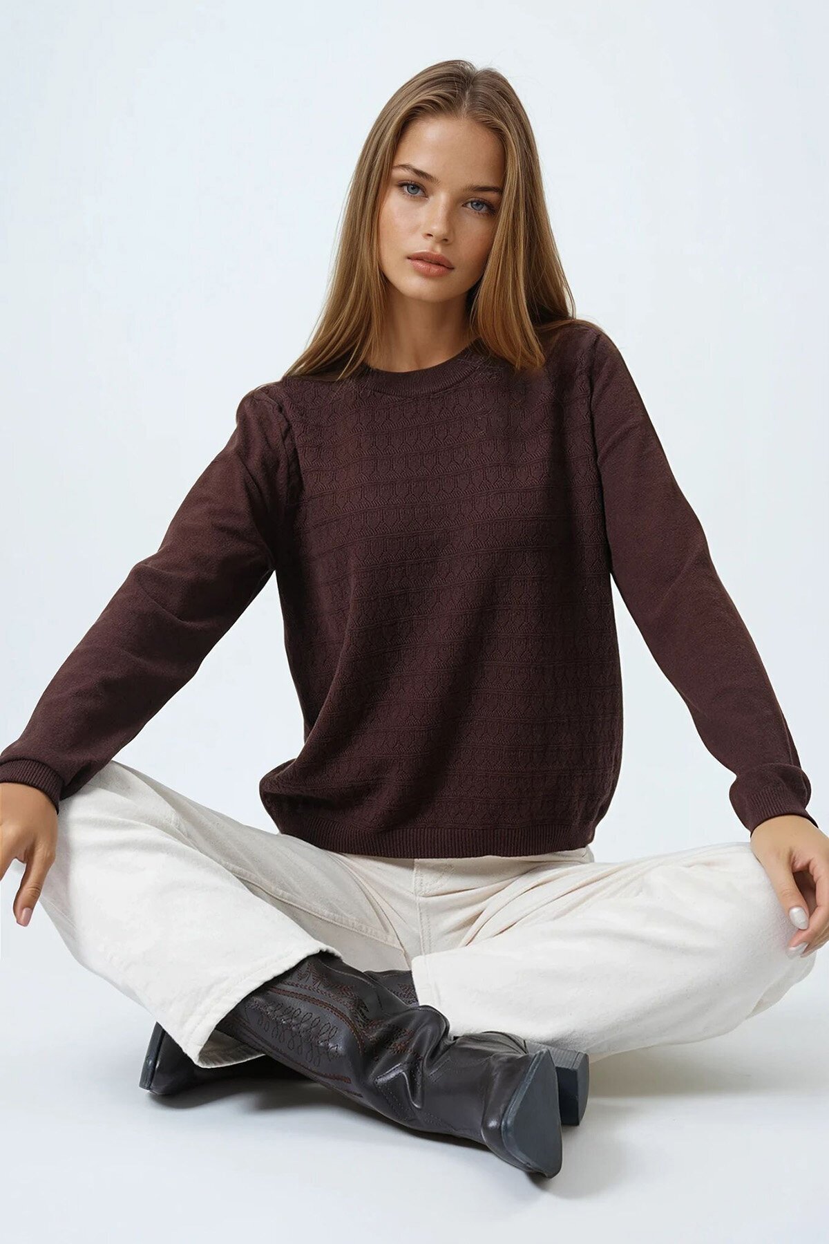 Bisiklet Yaka Dokulu Örgü Desenli Uzun Kollu Triko Bluz