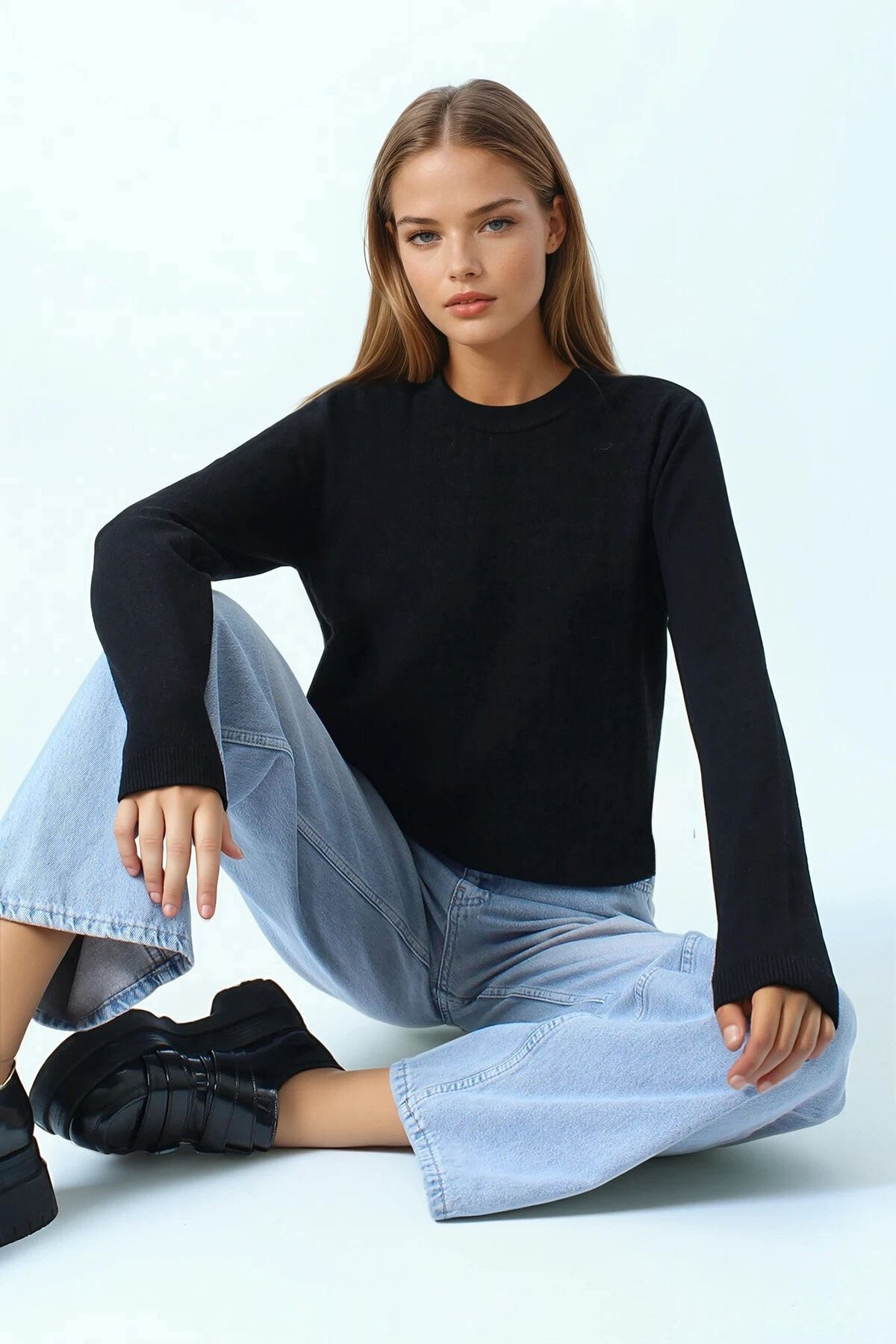 Bisiklet Yaka Dokulu Örgü Desenli Uzun Kollu Triko Bluz