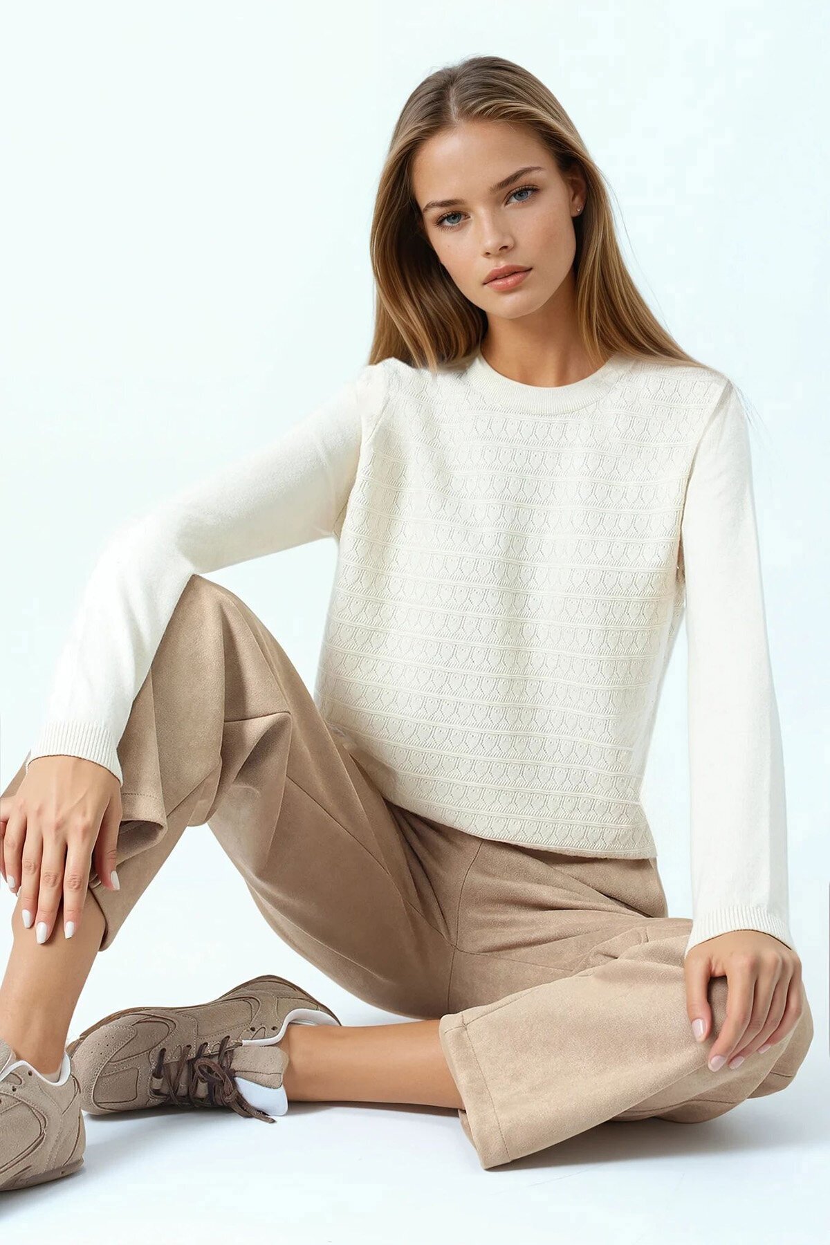 Bisiklet Yaka Dokulu Örgü Desenli Uzun Kollu Triko Bluz