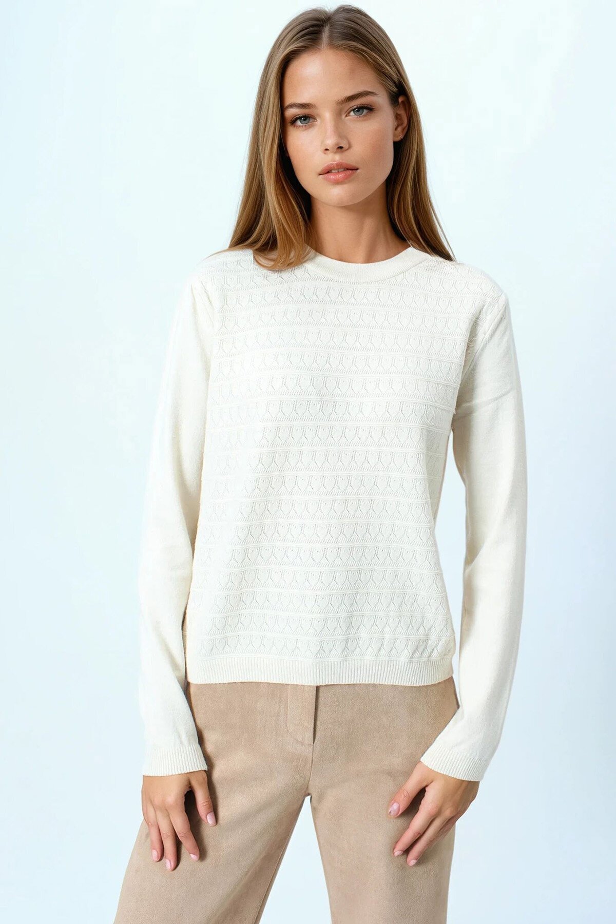 Bisiklet Yaka Dokulu Örgü Desenli Uzun Kollu Triko Bluz