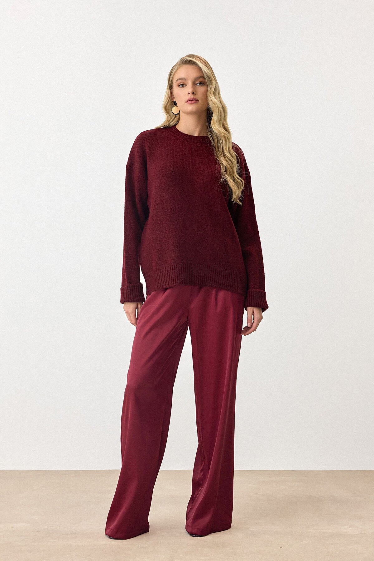 Mürdüm Bisiklet Yaka Düşük Omuzlu Triko Kazak