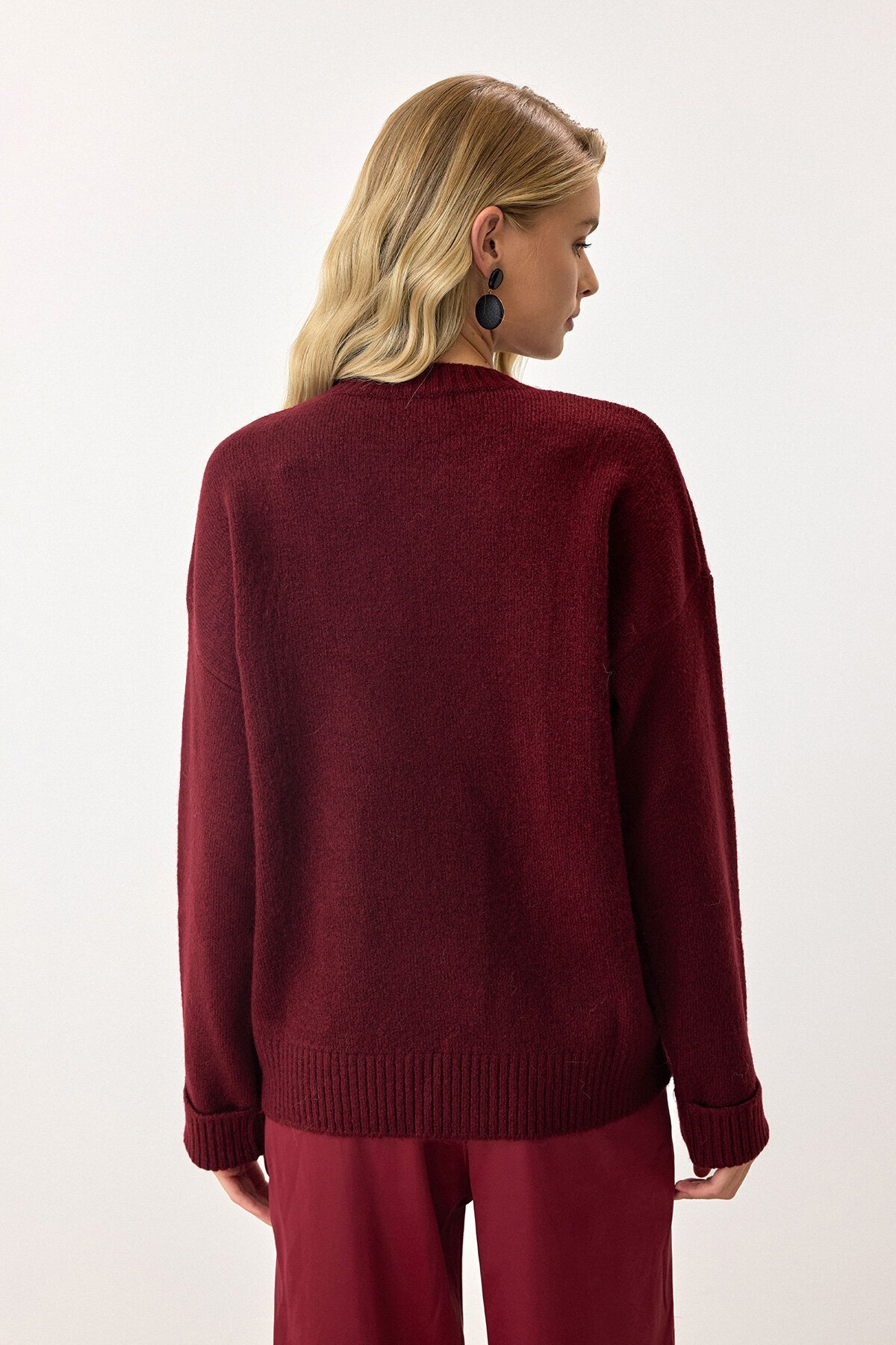 Mürdüm Bisiklet Yaka Düşük Omuzlu Triko Kazak