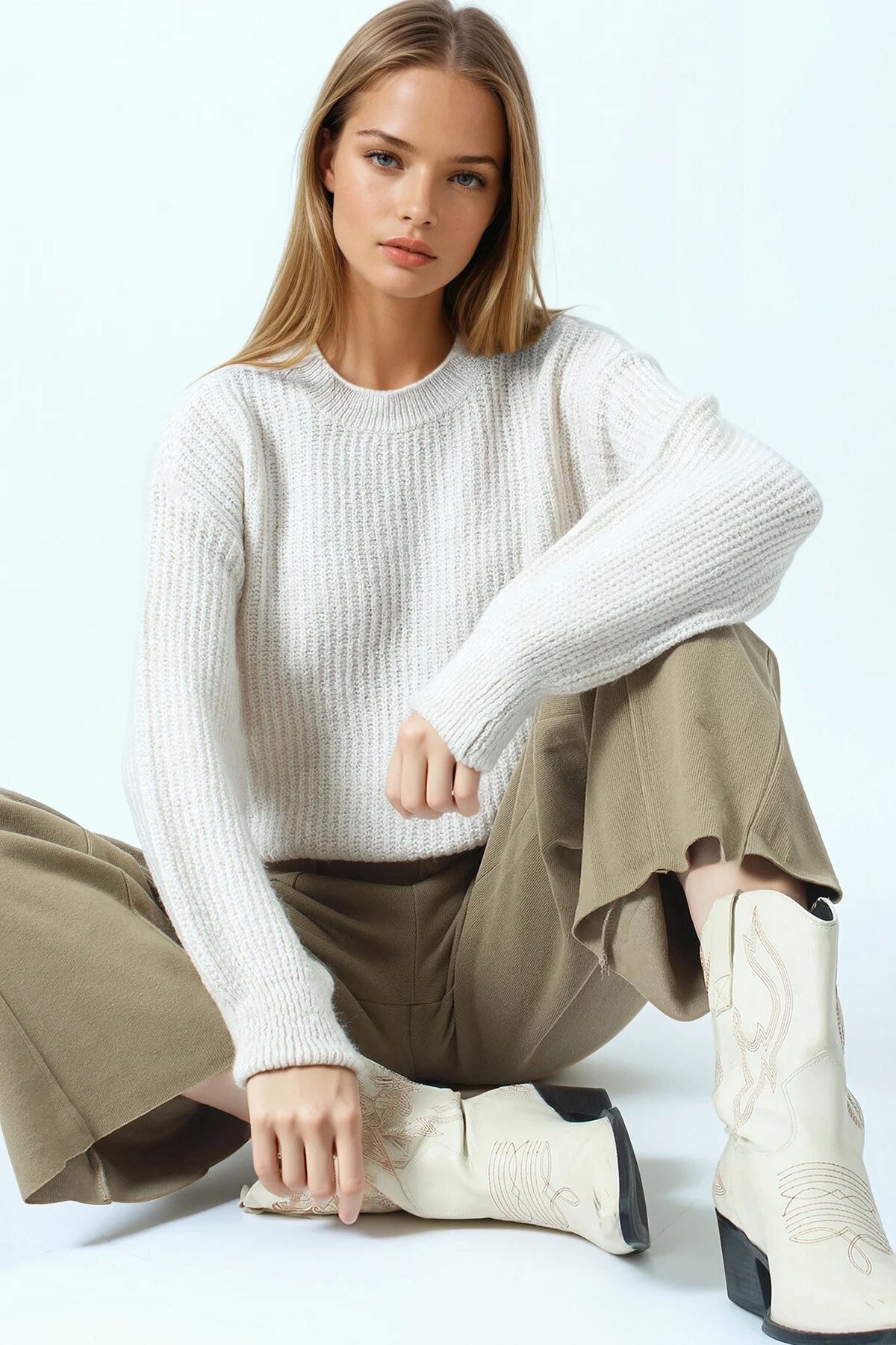 Bisiklet Yaka Düz Örgü Triko Kazak