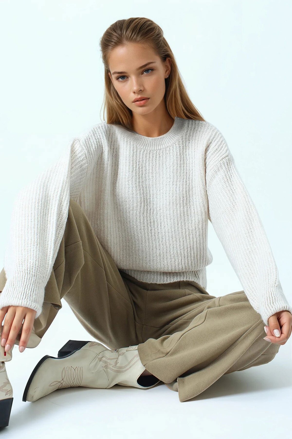 Bisiklet Yaka Düz Örgü Triko Kazak