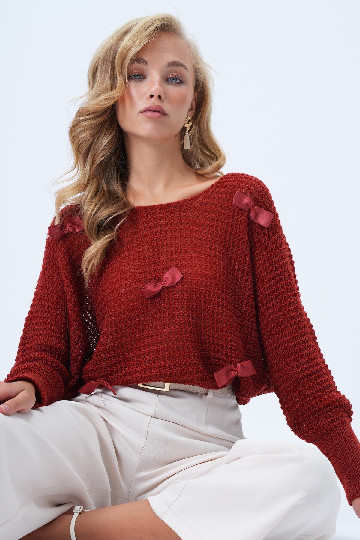 Bisiklet Yaka Fiyonk Detaylı Triko Bluz