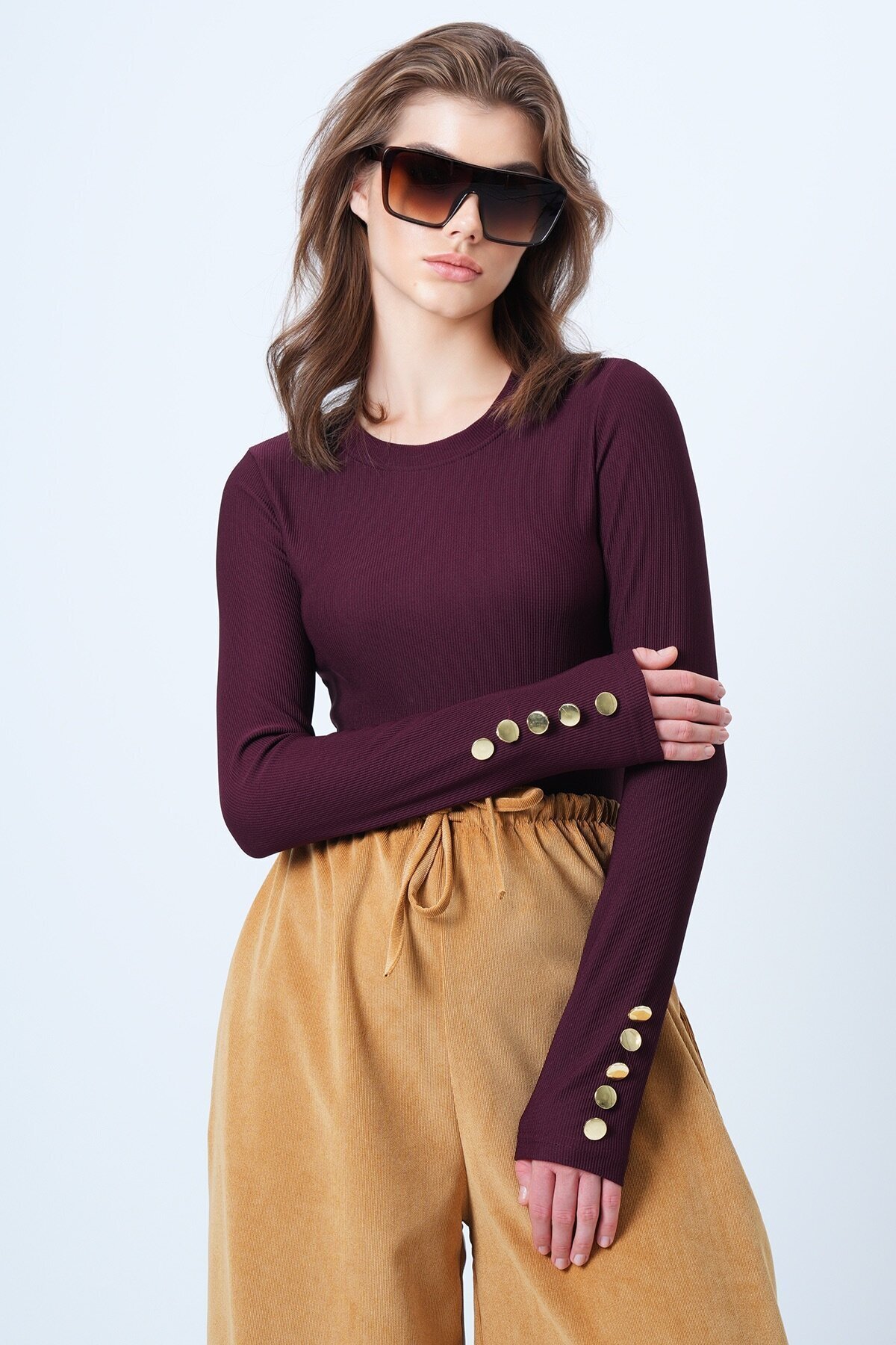 Bisiklet Yaka Gold Düğme Detaylı Ottoban Bluz