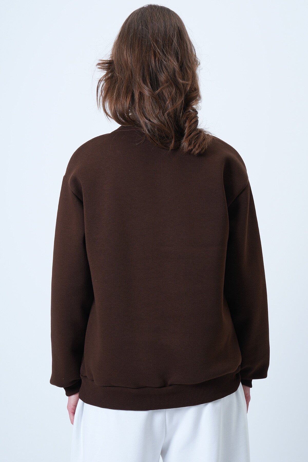 Bisiklet Yaka Nakışlı  İçi Şardonlu 3 İplik Sweatshirt