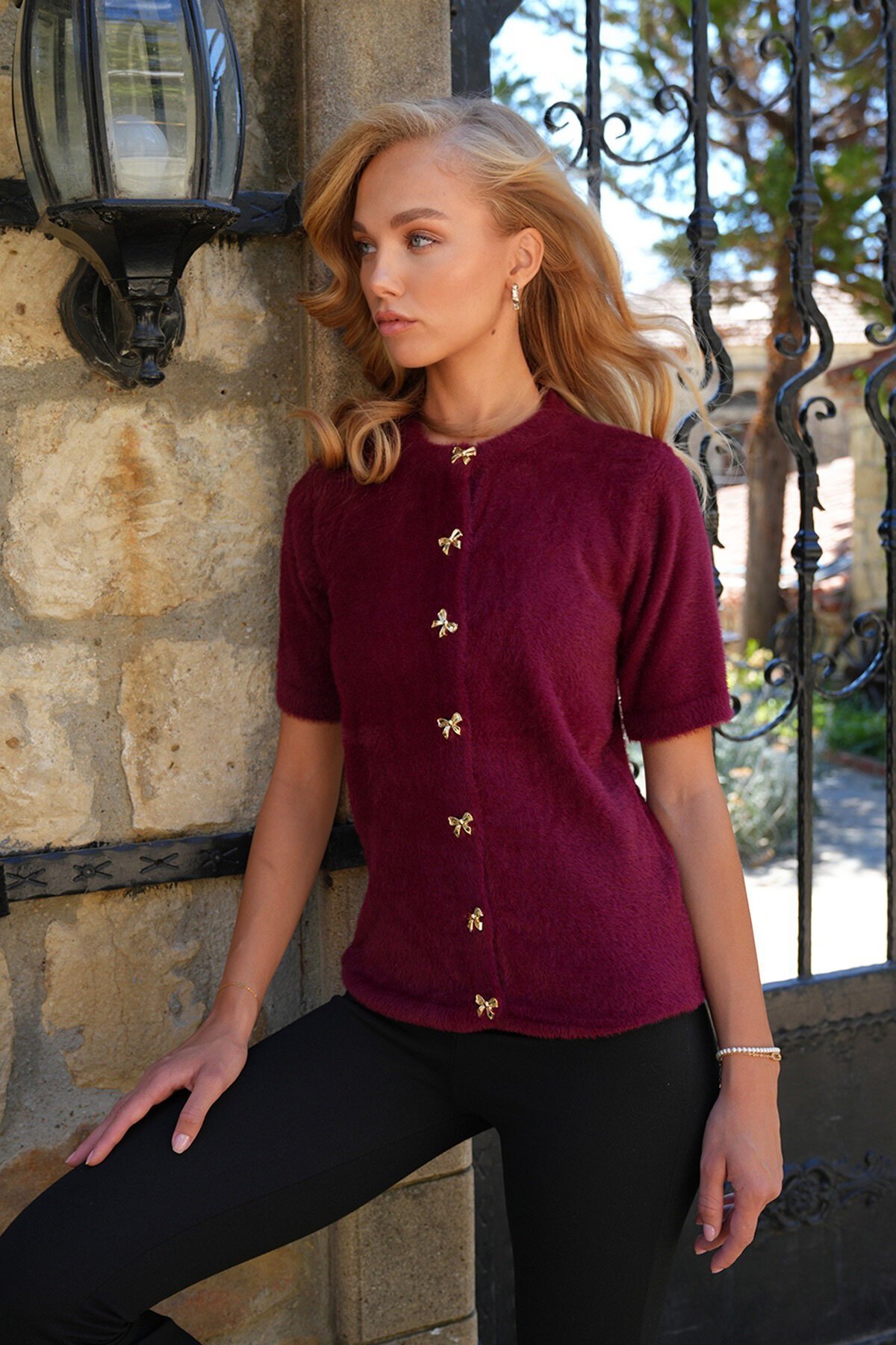 Bisiklet Yaka Önü Düğmeli Bisiklet Yaka Tüylü Triko Hırka