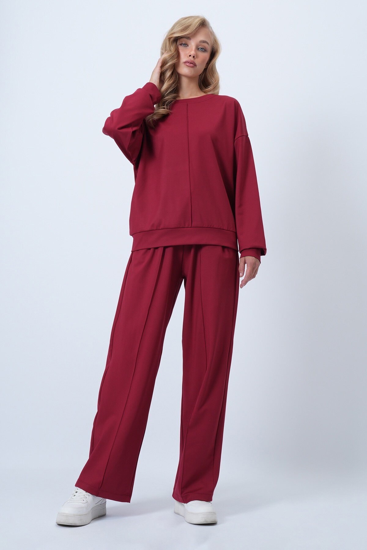 Bisiklet Yaka Önü Nervür Dikişli Bluz Ve Çift Cepli Çimalı Pantolon Takım