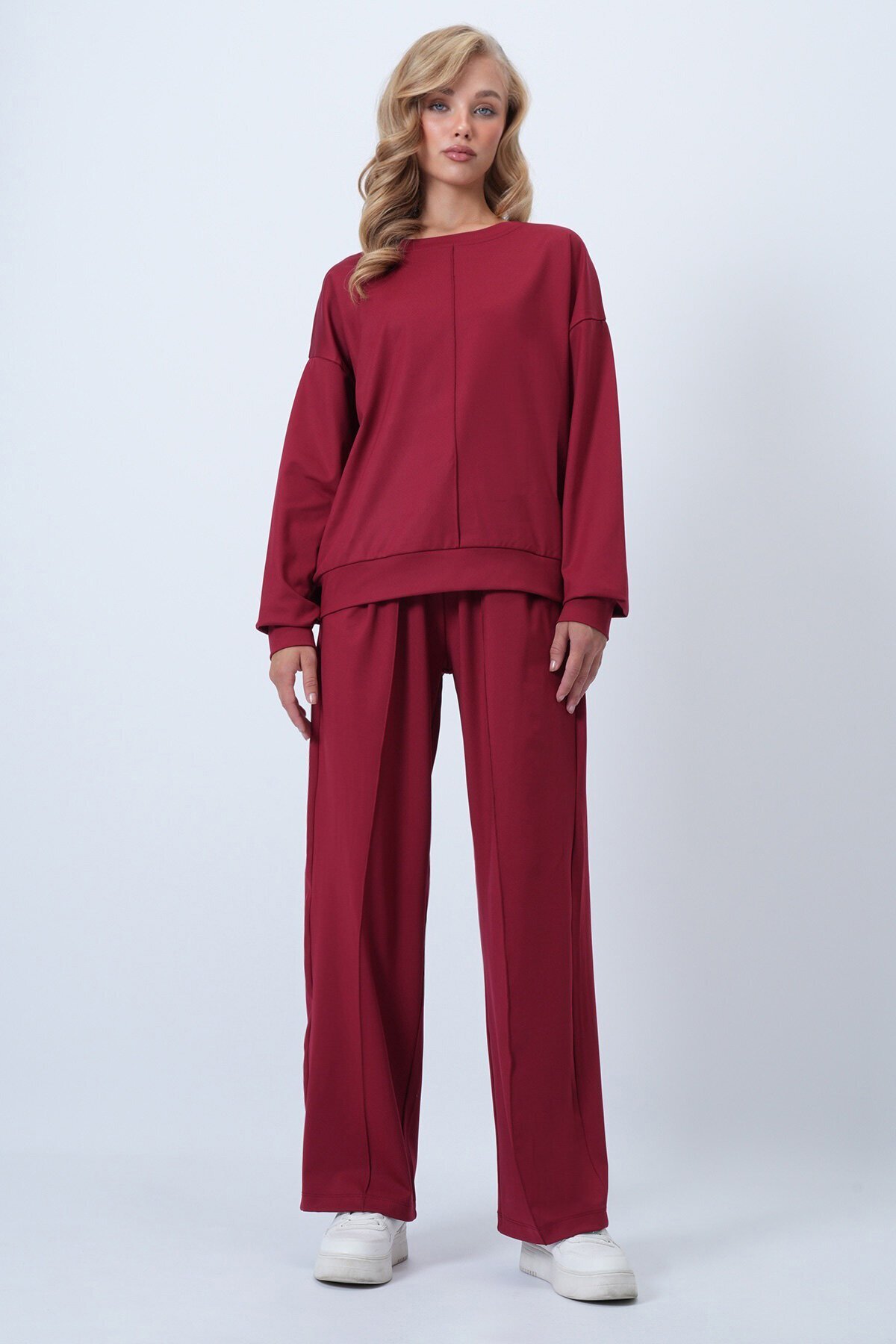 Bisiklet Yaka Önü Nervür Dikişli Bluz Ve Çift Cepli Çimalı Pantolon Takım