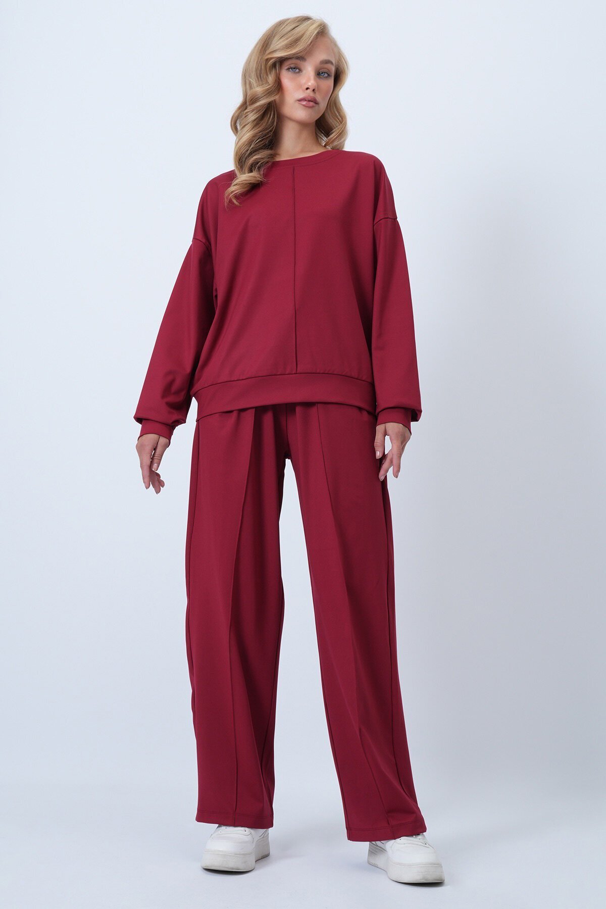 Bisiklet Yaka Önü Nervür Dikişli Bluz Ve Çift Cepli Çimalı Pantolon Takım