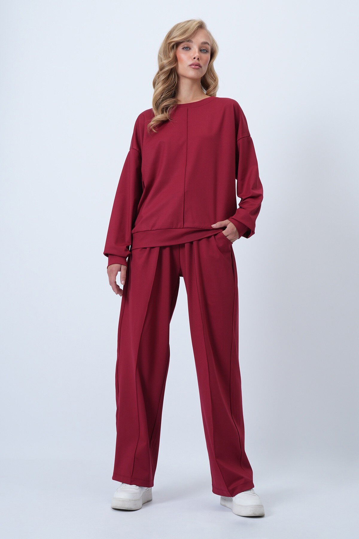 Bisiklet Yaka Önü Nervür Dikişli Bluz Ve Çift Cepli Çimalı Pantolon Takım