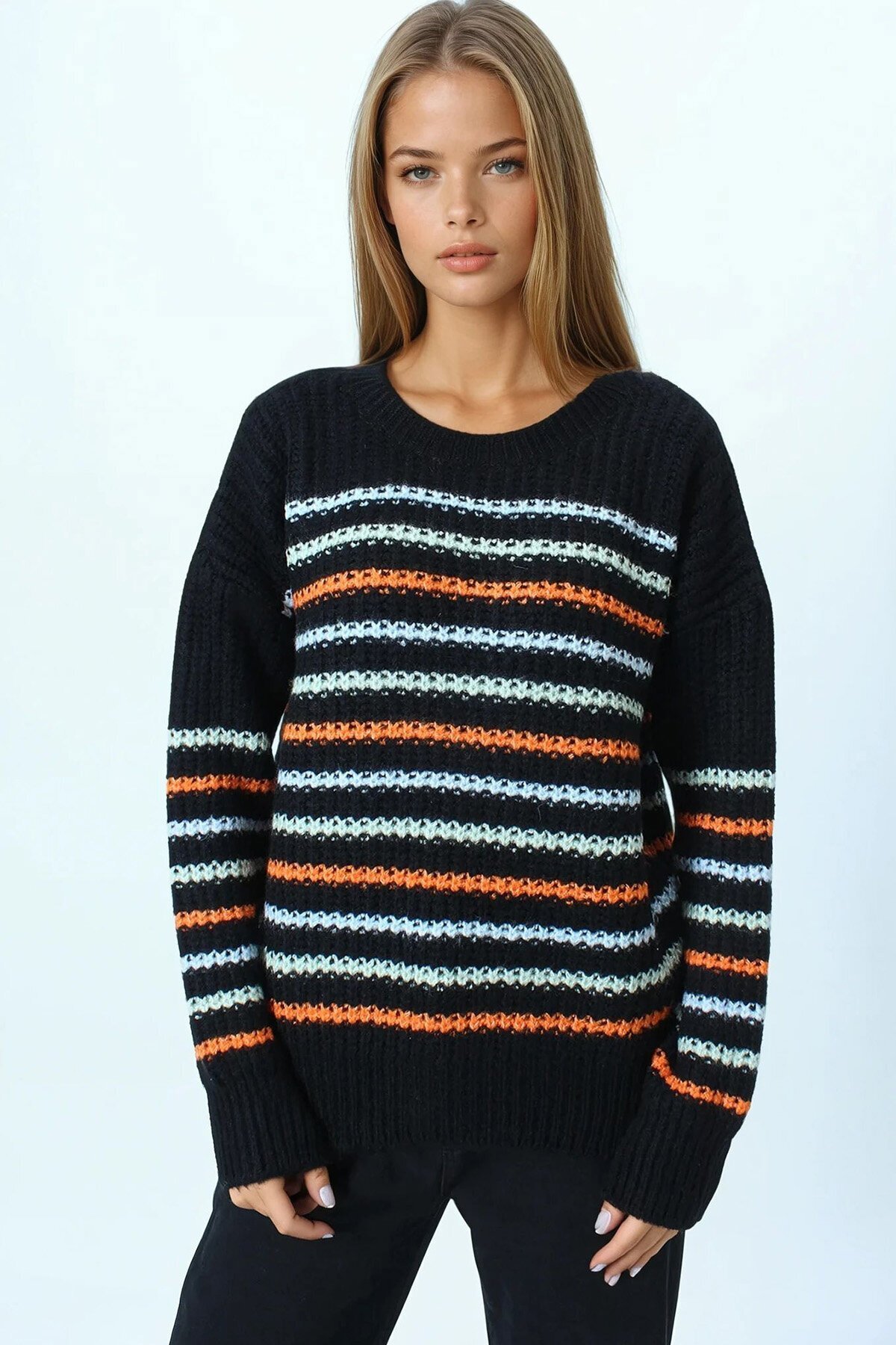 Bisiklet Yaka Örgü Detaylı Çizgili Triko Kazak