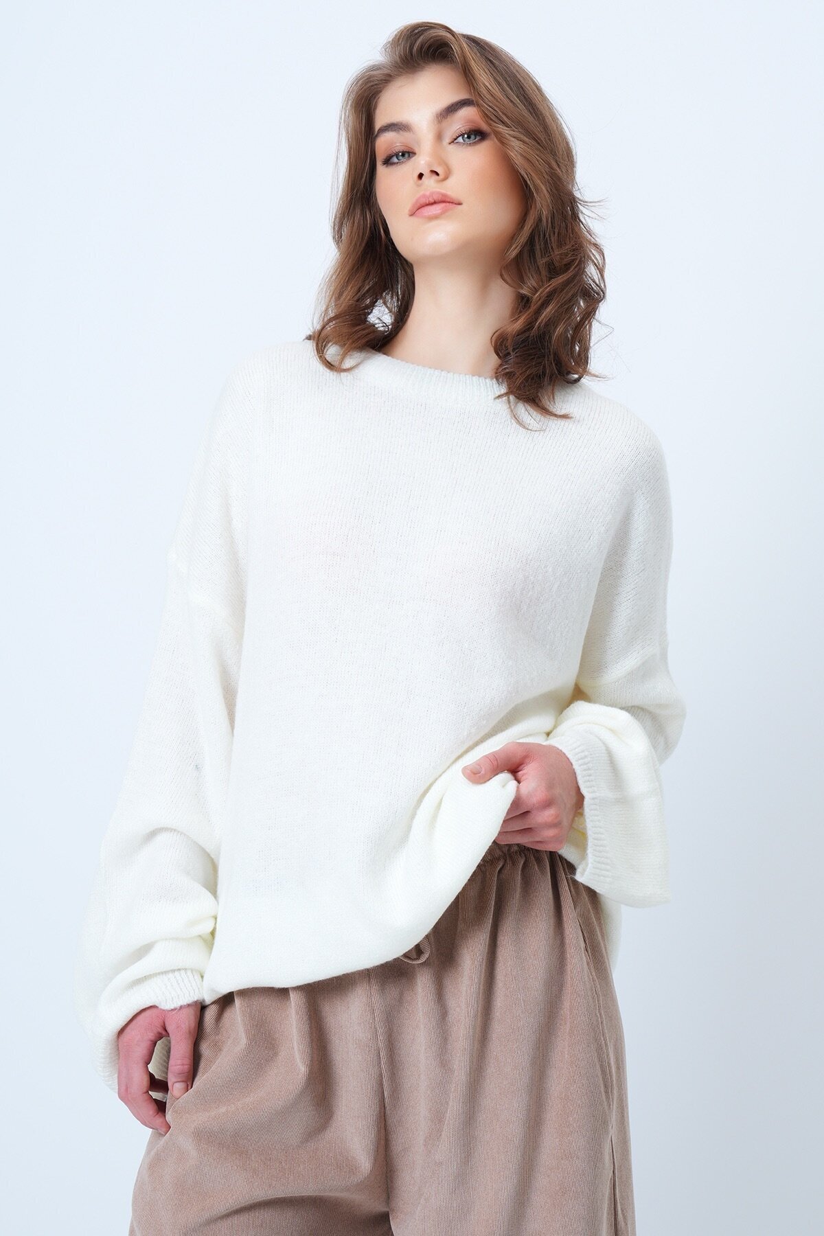 Bisiklet Yaka Oversize Yün Karışımlı Triko Kazak