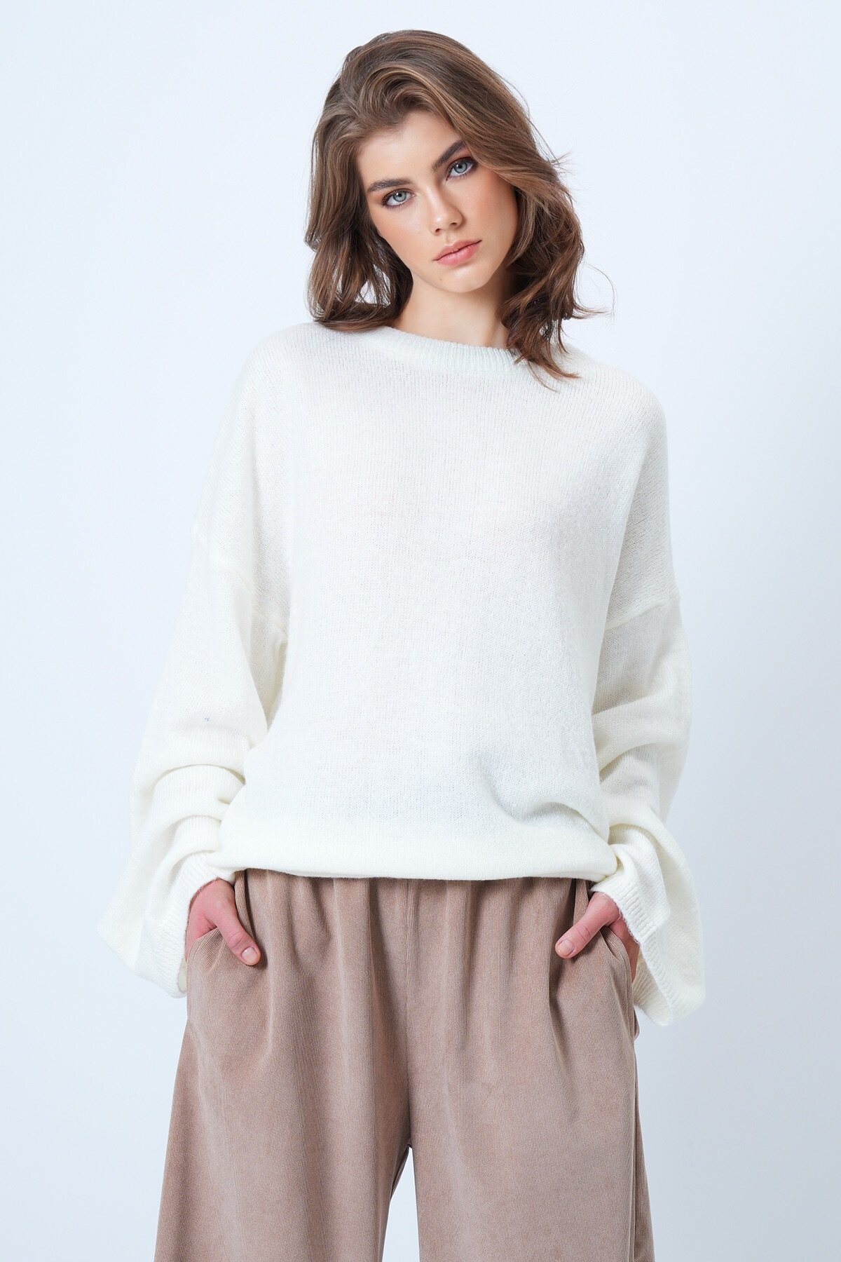 Bisiklet Yaka Oversize Yün Karışımlı Triko Kazak