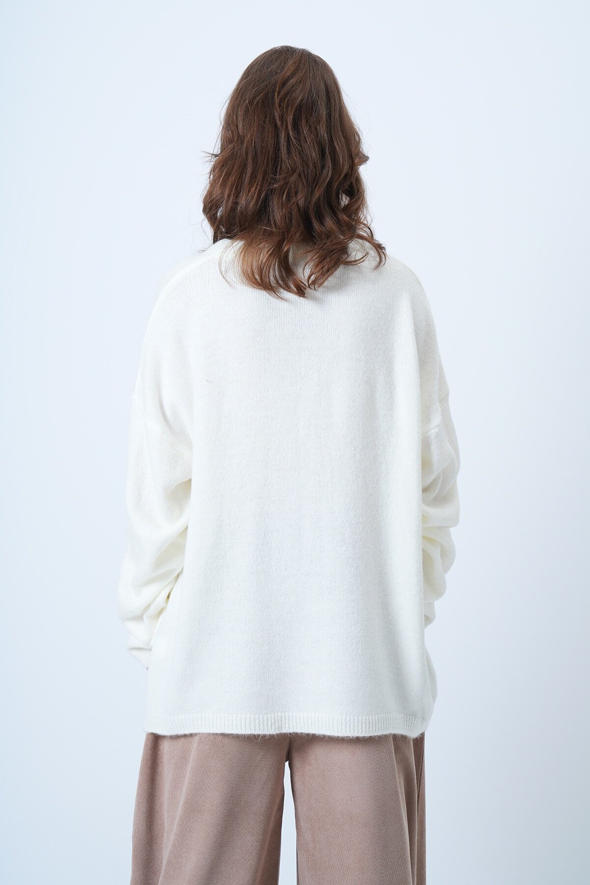 Bisiklet Yaka Oversize Yün Karışımlı Triko Kazak