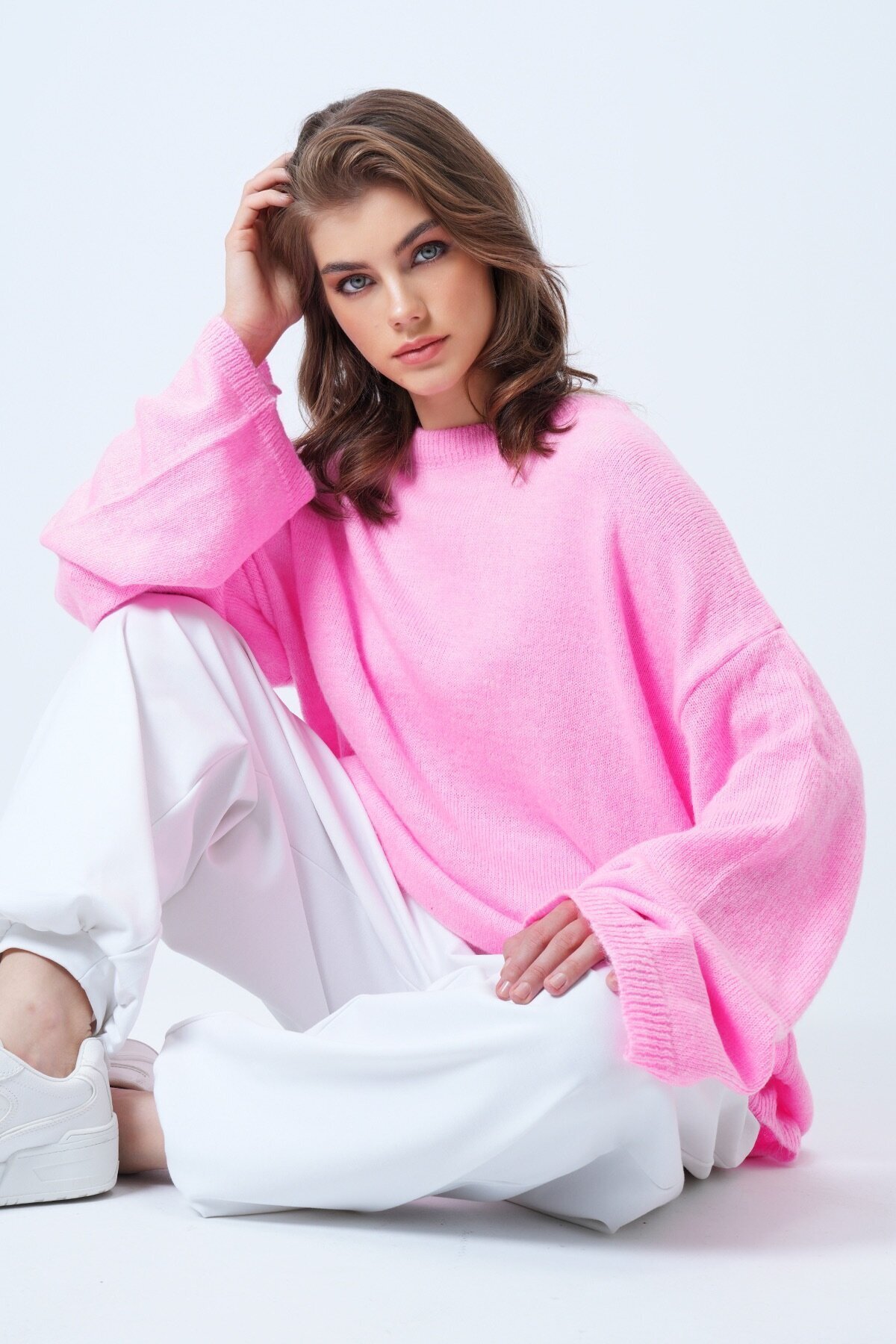 Bisiklet Yaka Oversize Yün Karışımlı Triko Kazak