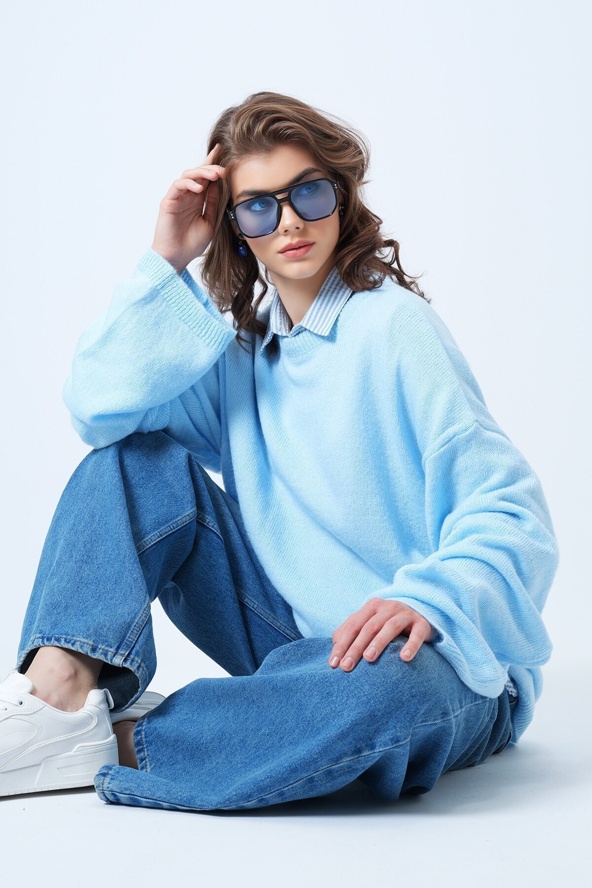 Bisiklet Yaka Oversize Yün Karışımlı Triko Kazak