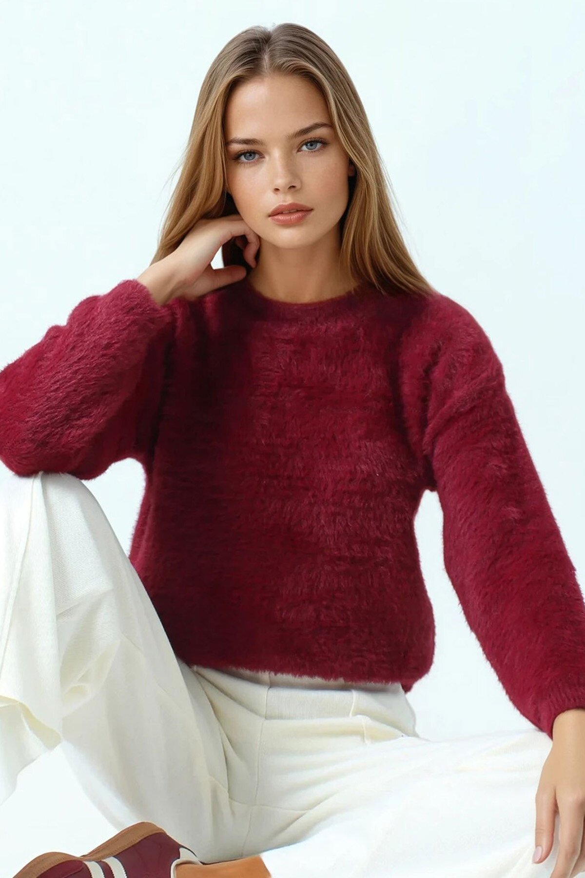 Bisiklet Yaka Püsküllü Triko Kazak