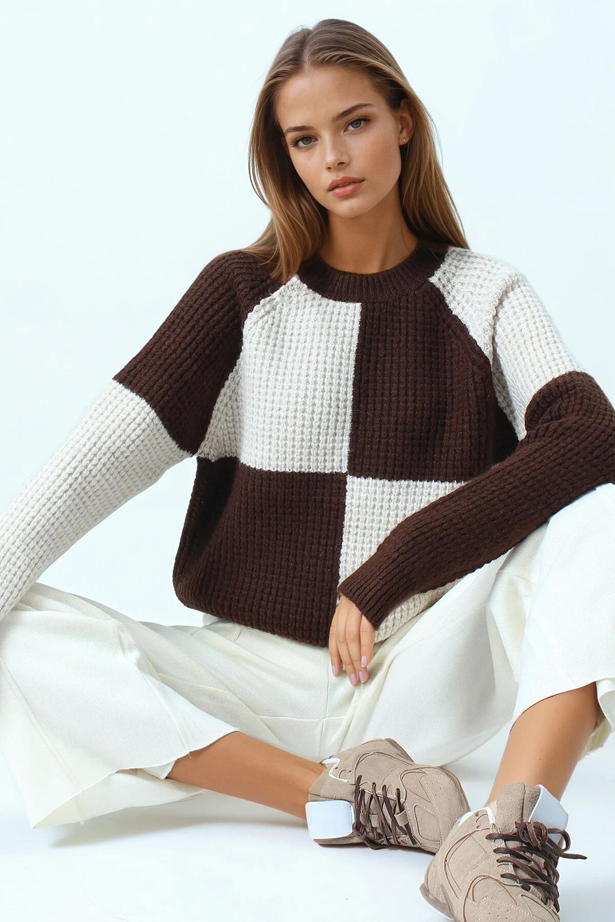 Bisiklet Yaka Renk Bloklu Dokulu Triko Kazak