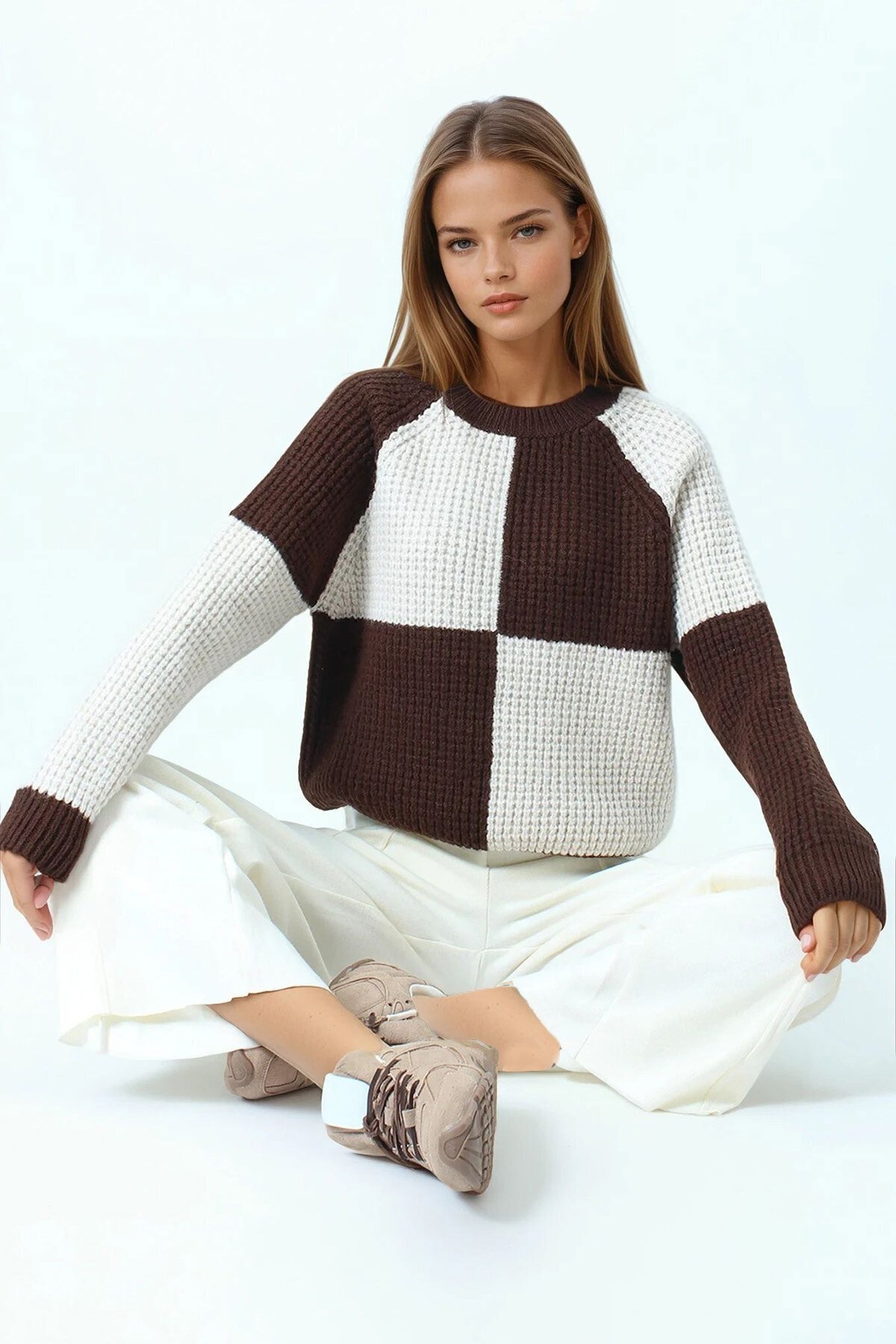 Bisiklet Yaka Renk Bloklu Dokulu Triko Kazak