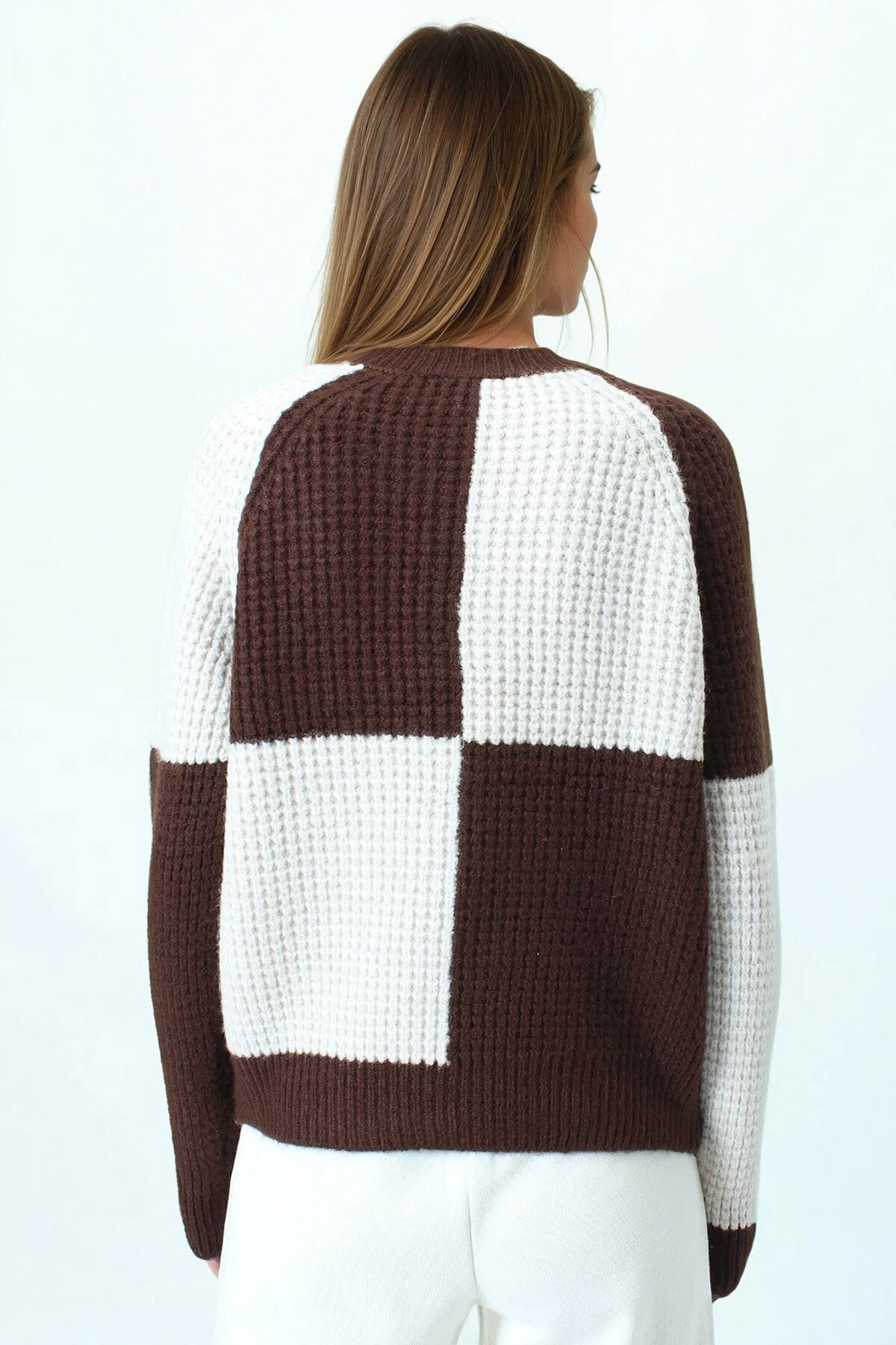 Bisiklet Yaka Renk Bloklu Dokulu Triko Kazak