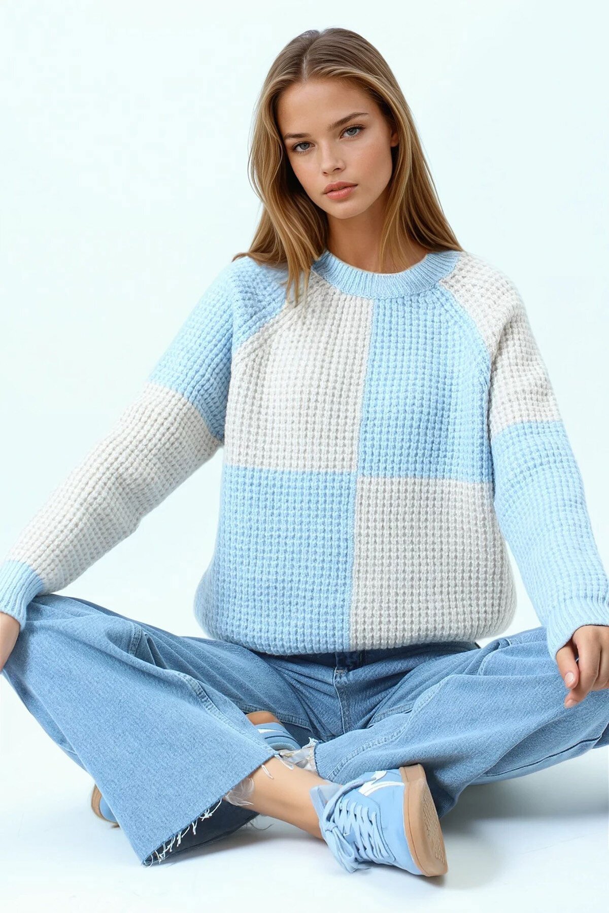 Bisiklet Yaka Renk Bloklu Dokulu Triko Kazak