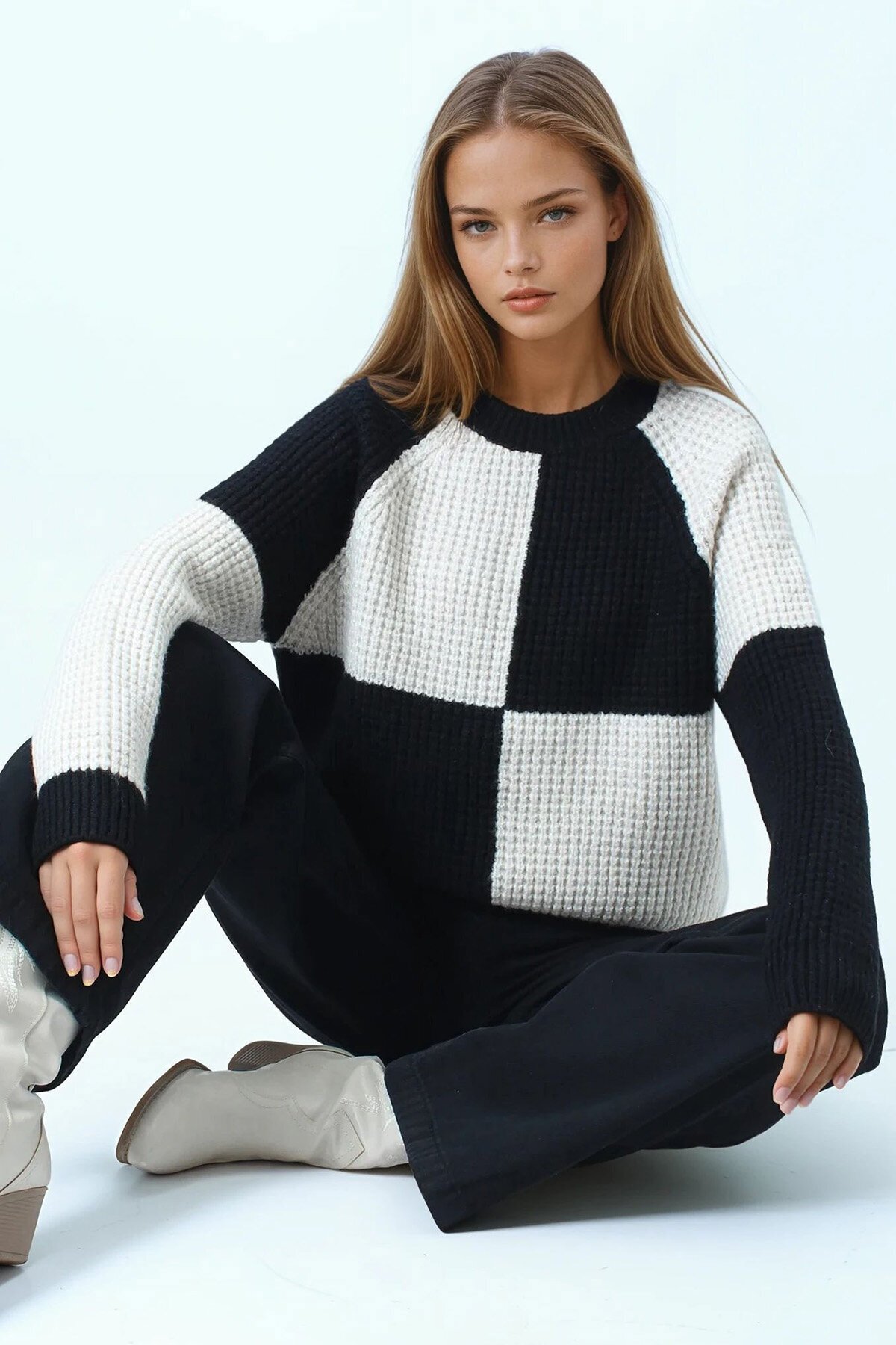 Bisiklet Yaka Renk Bloklu Dokulu Triko Kazak