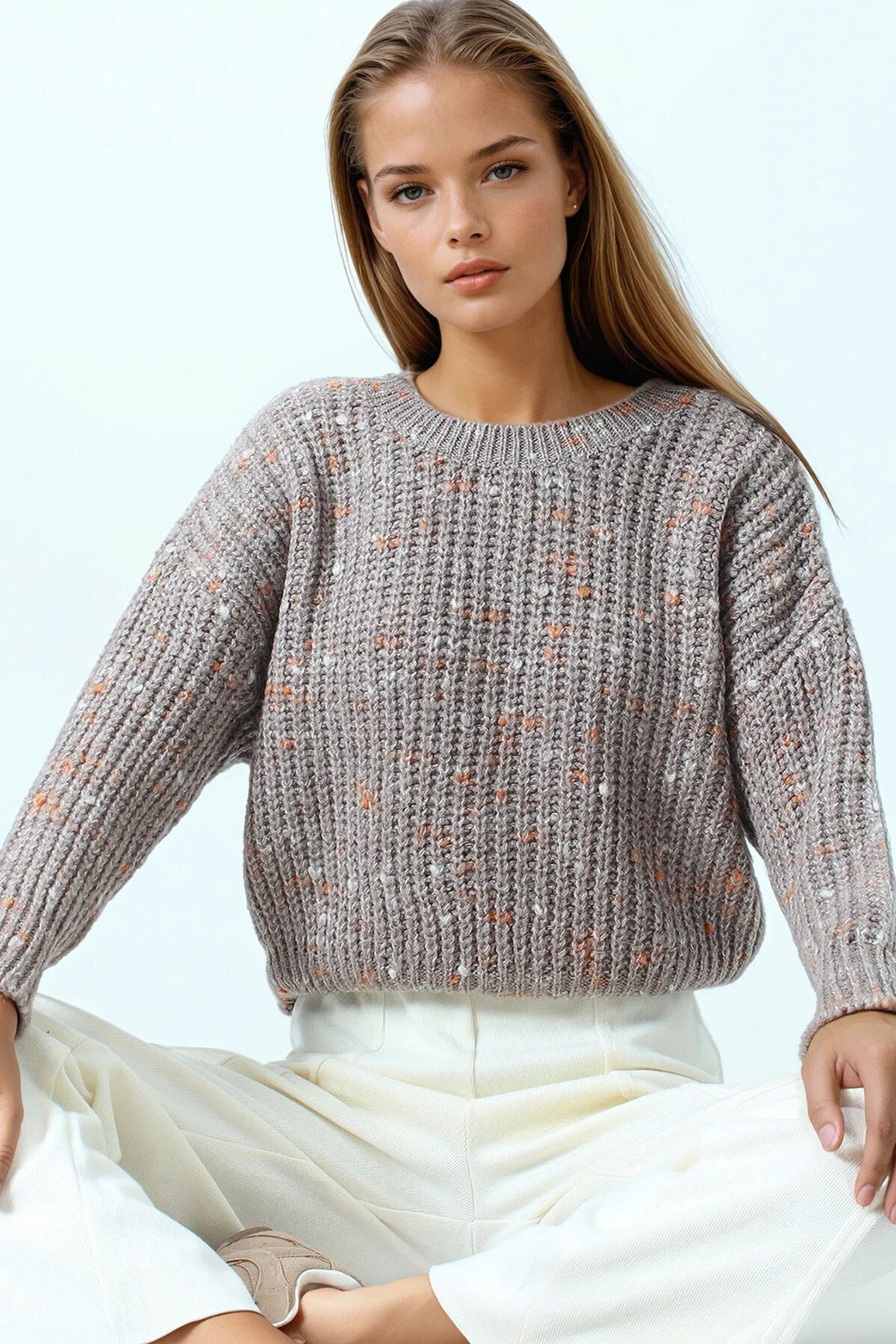 Bisiklet Yaka Renkli Nokta Desenli Triko Kazak