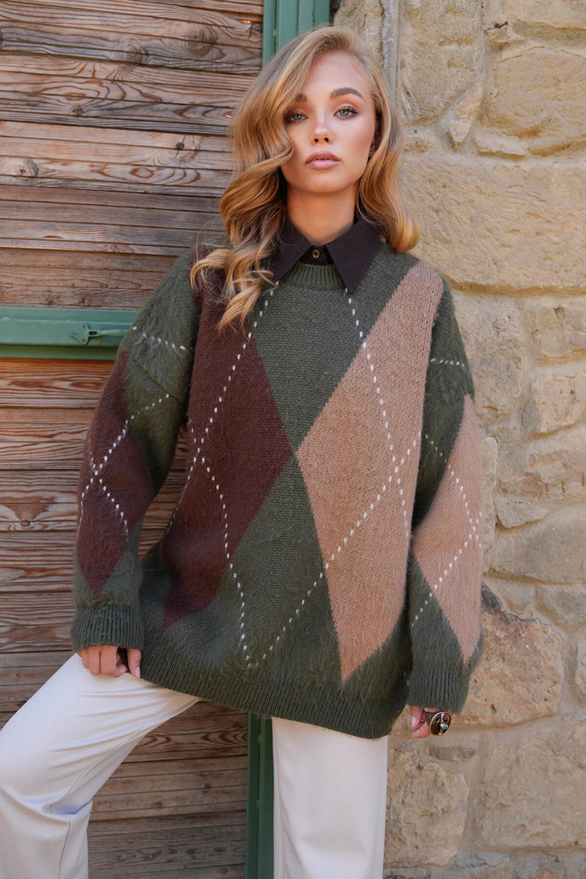 Bisiklet Yaka Yün Karışımlı Oversize Kazak