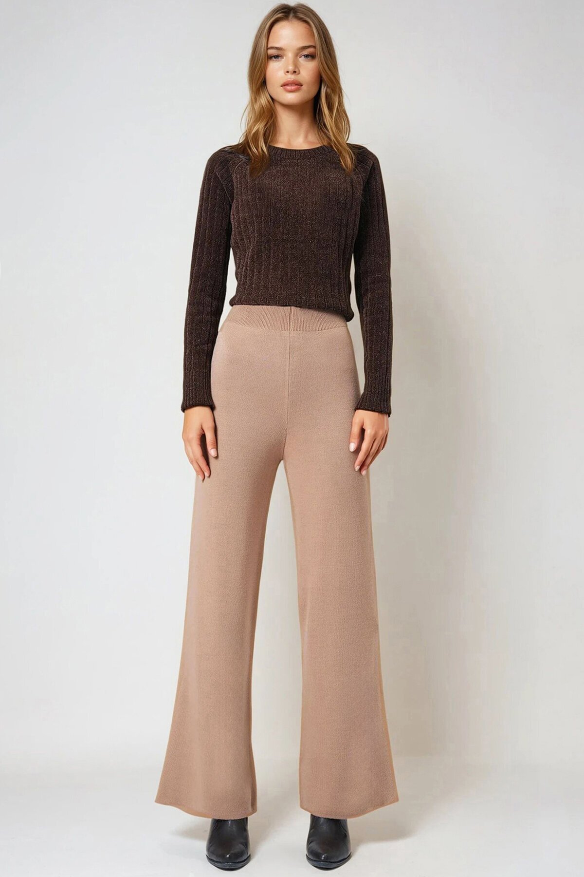 Bisküvi Yüksek Bel Beli Lastikli Triko Palazzo Pantolon