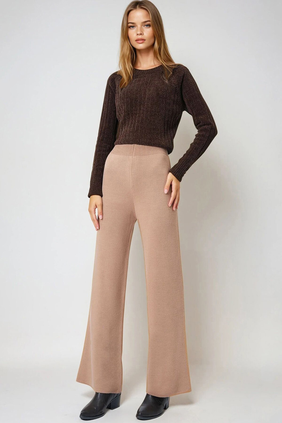 Bisküvi Yüksek Bel Beli Lastikli Triko Palazzo Pantolon