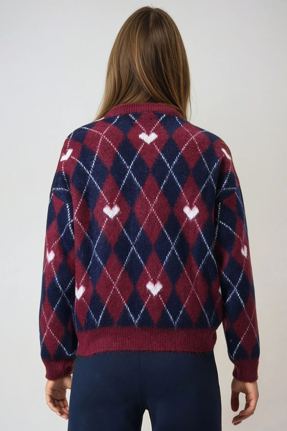 Bisiklet Yaka Kalp ve Baklava Desenli Yumoş Kazak