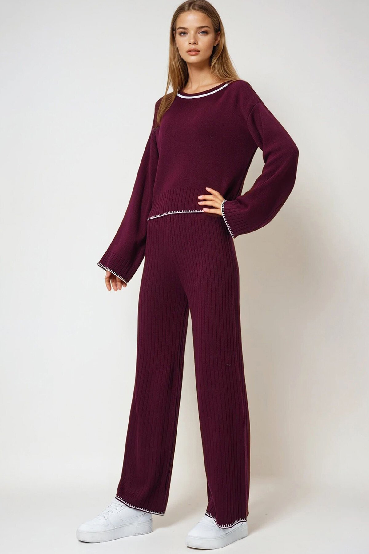 Bordo Biyeli Salaş Kazak Ve Triko Pantolon Takım