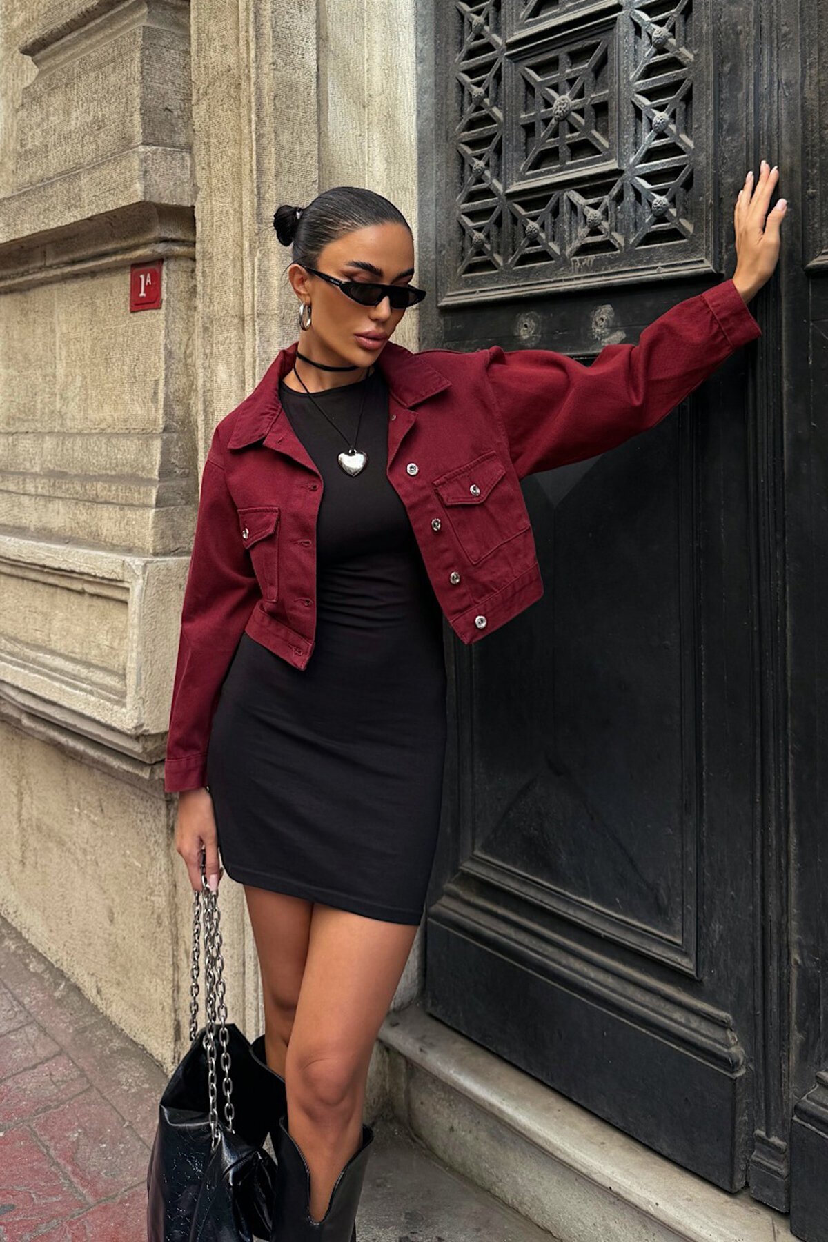 Bordo Çif Cepli Düğme Kapamalı Crop Denim Ceket